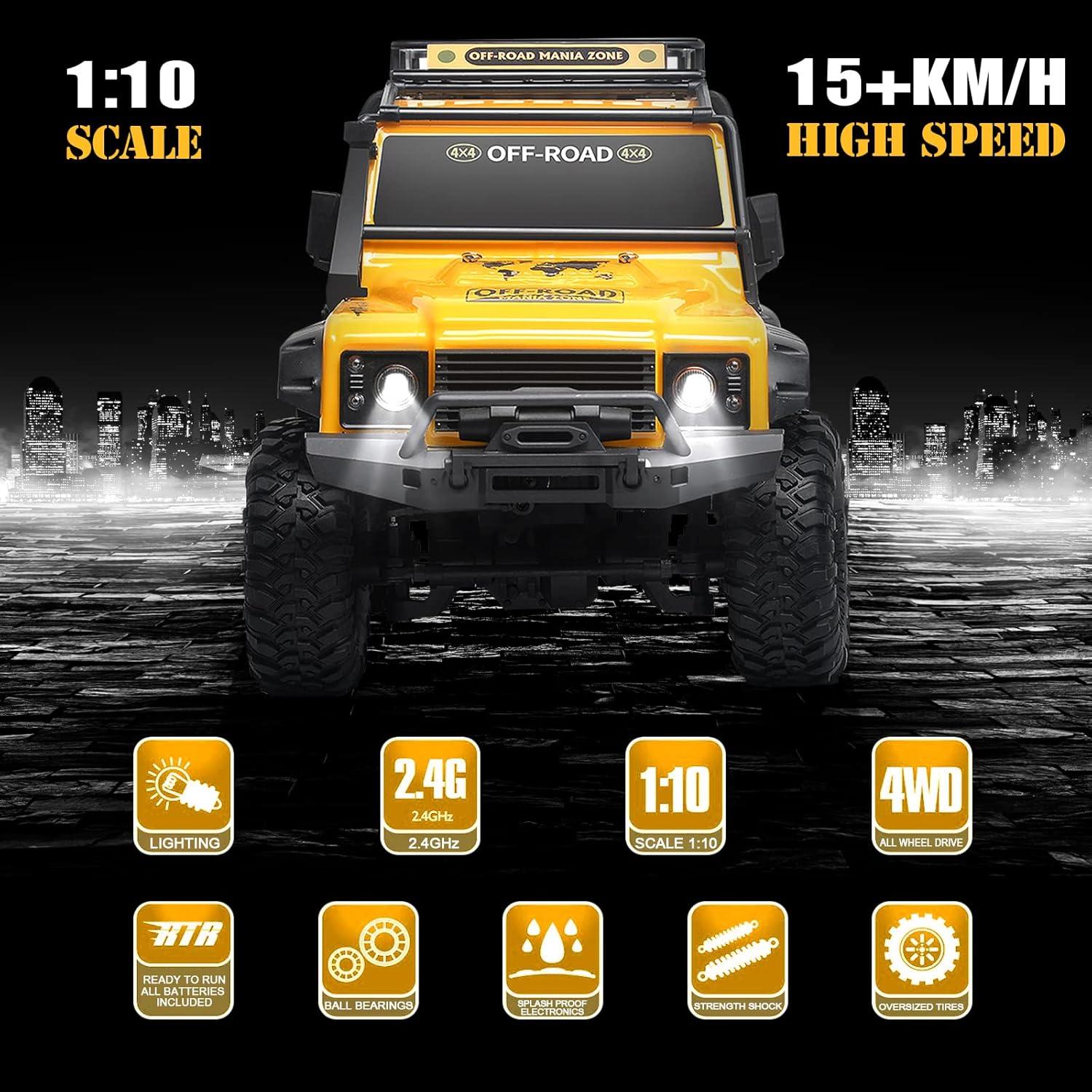 RC Cars RC Crawler 1/10 Scale RTR Remote Control Car 4WD 2.4GHz Brushed Offroad Racing Hobby Grade Model Vehicle with LED Lights 2Pcs Battery Toy for Kids and Adults