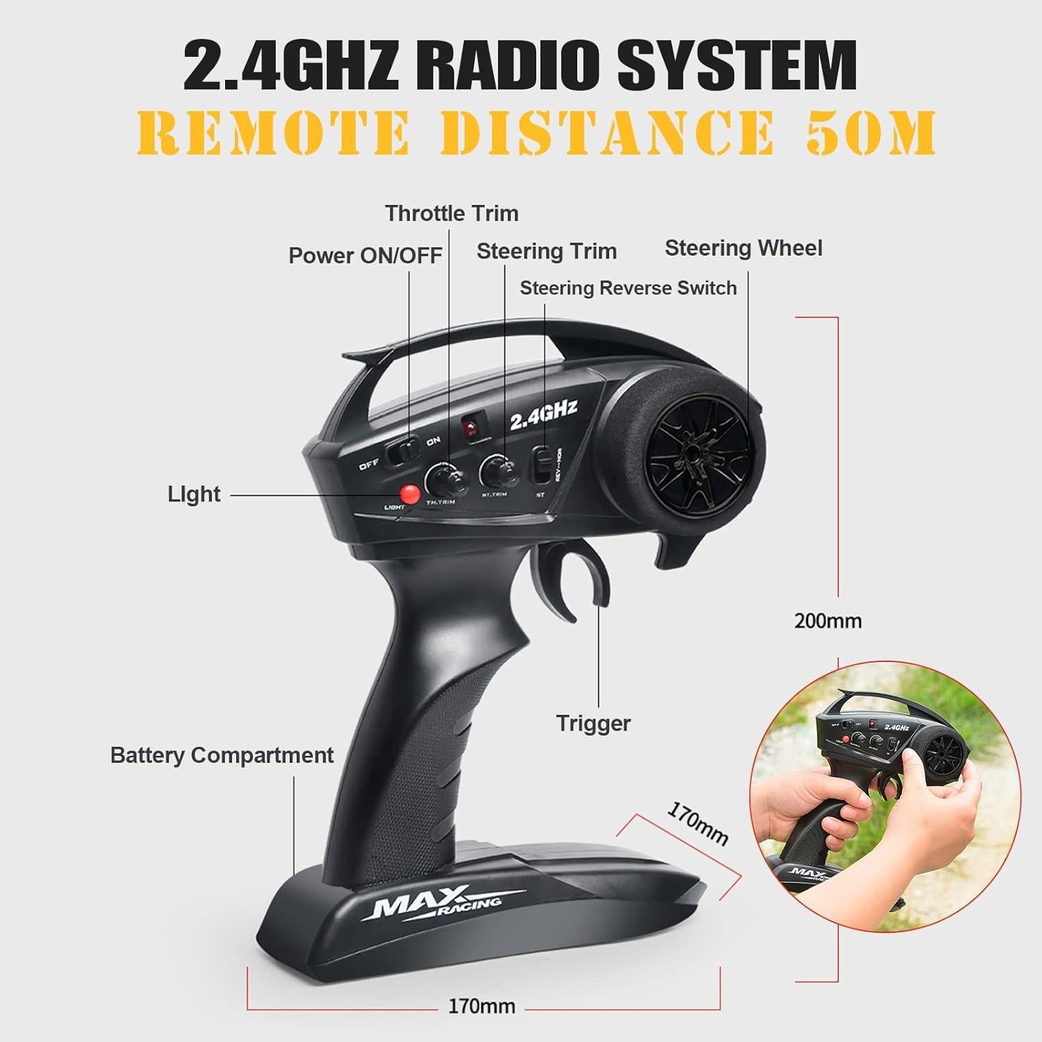 RC Cars RC Crawler 1/10 Scale RTR Remote Control Car 4WD 2.4GHz Brushed Offroad Racing Hobby Grade Model Vehicle with LED Lights 2Pcs Battery Toy for Kids and Adults