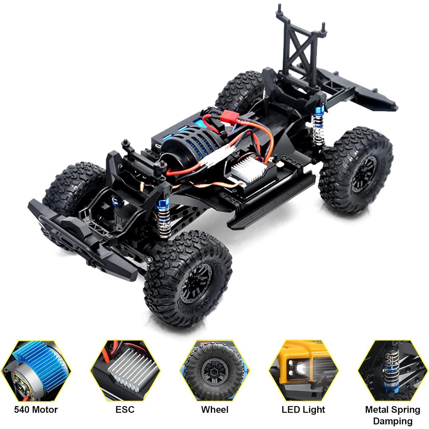 RC Cars RC Crawler 1/10 Scale RTR Remote Control Car 4WD 2.4GHz Brushed Offroad Racing Hobby Grade Model Vehicle with LED Lights 2Pcs Battery Toy for Kids and Adults