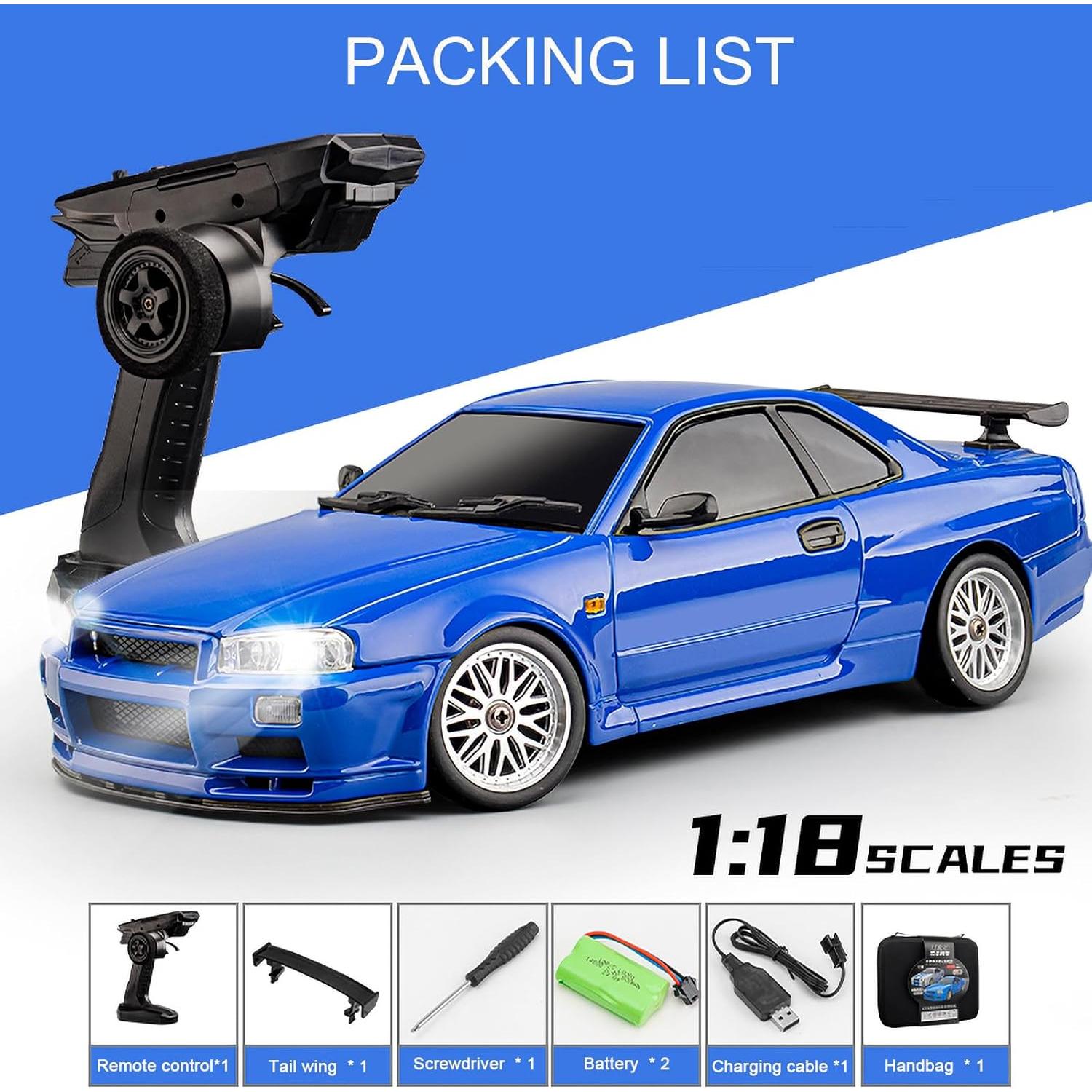 Coche RC Drift GTR R34 1:18 Moonzeamus Azul