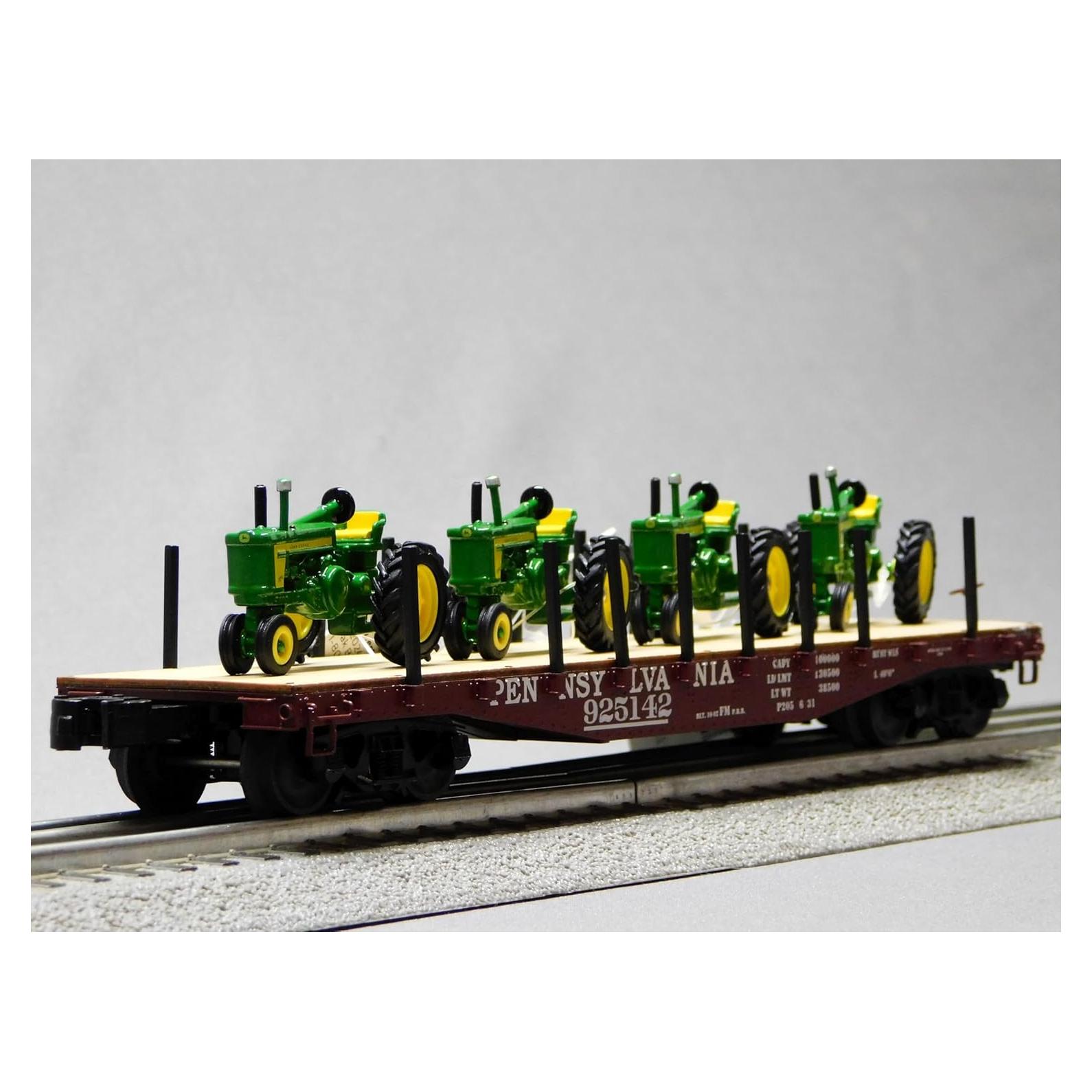Lionel PRR Flatcar con 4 Tractores Vintage John Deere O Gauge