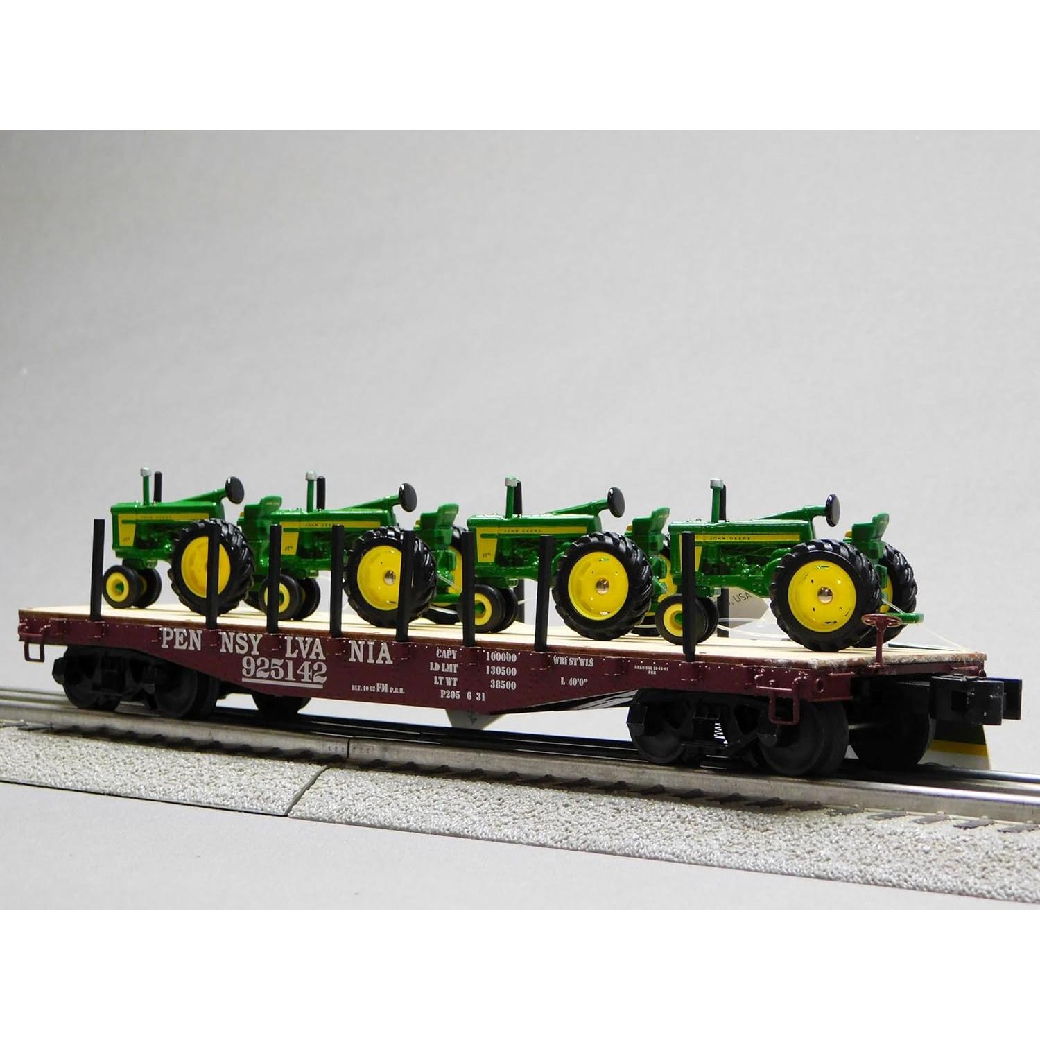Lionel PRR Flatcar con 4 Tractores Vintage John Deere O Gauge