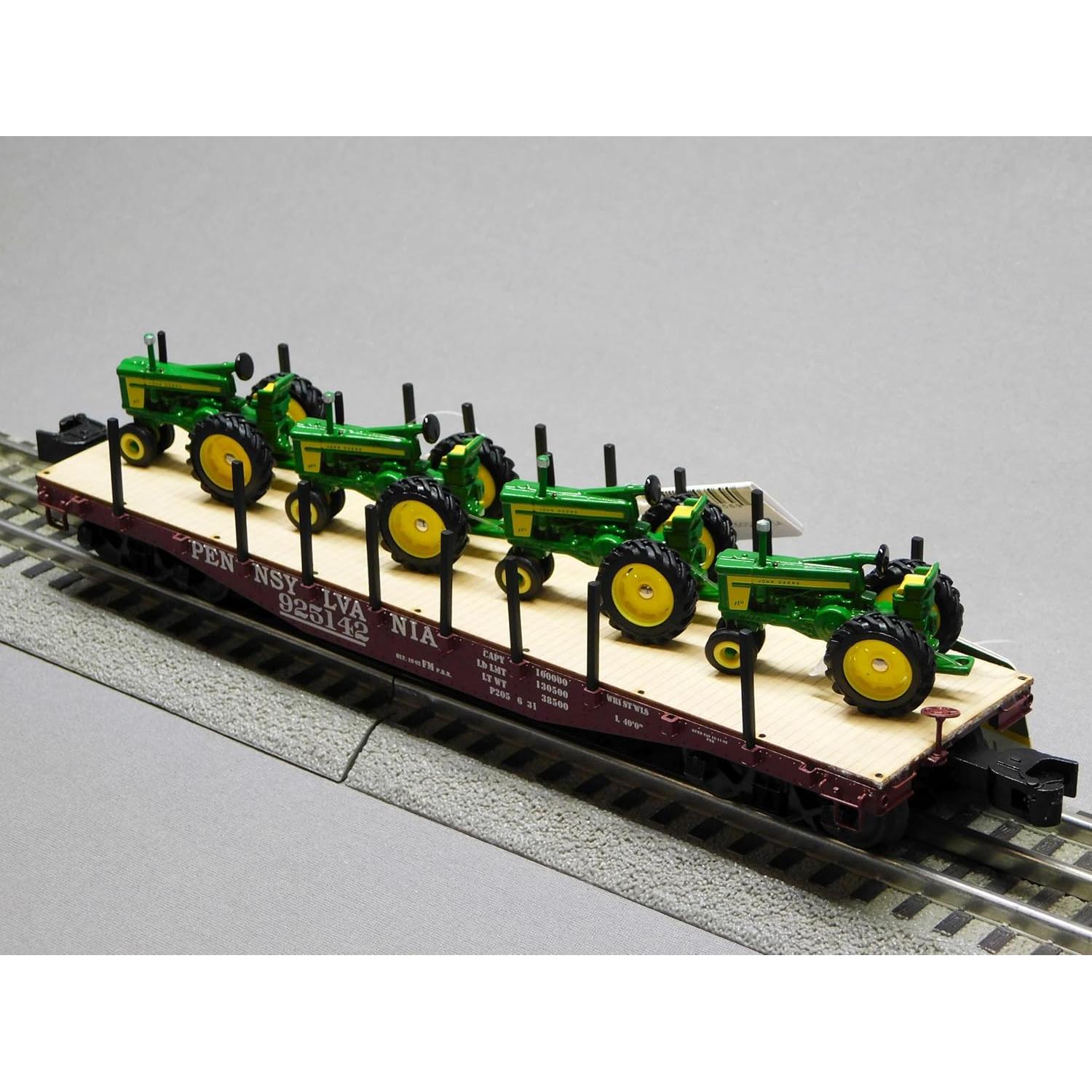 Lionel PRR Flatcar con 4 Tractores Vintage John Deere O Gauge