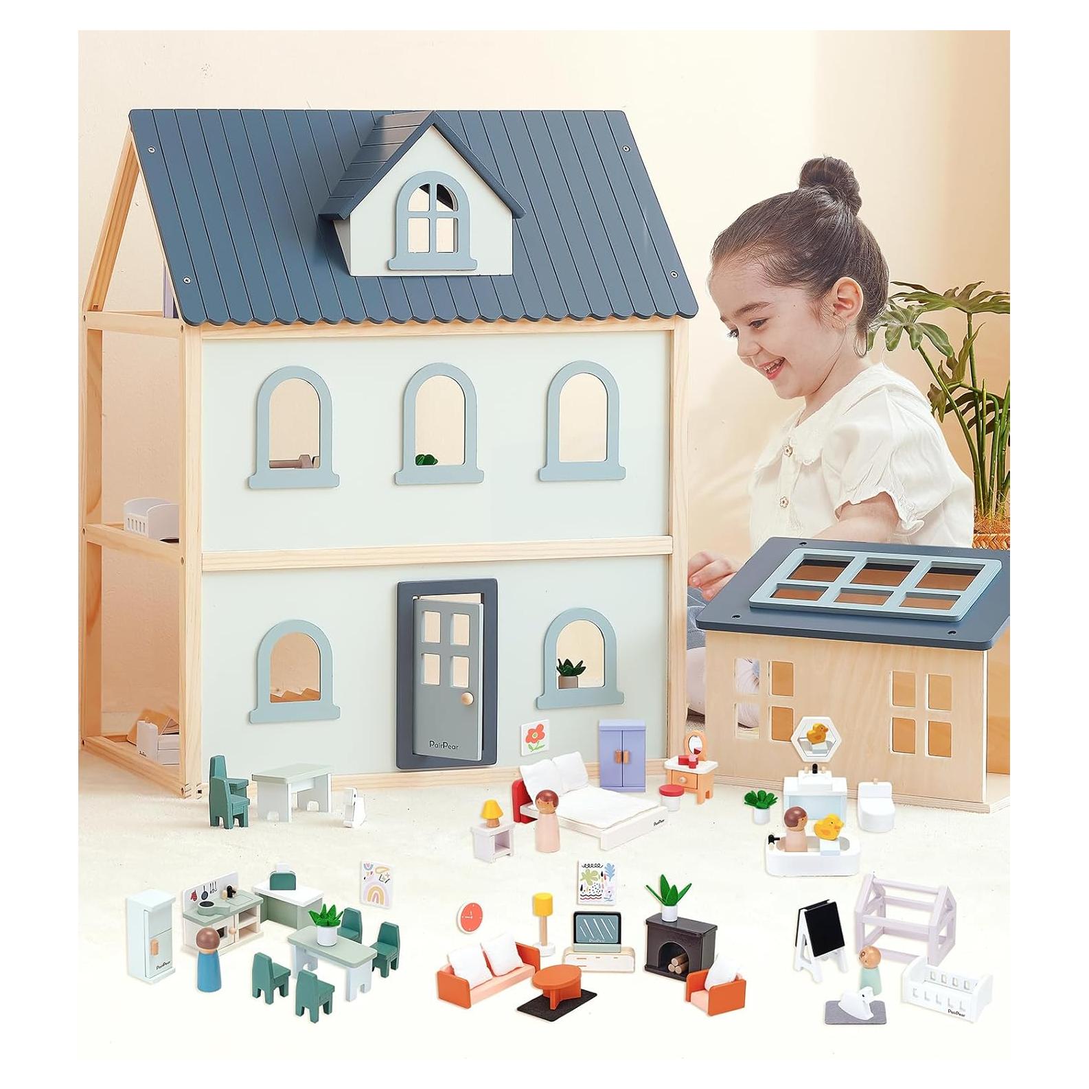 Casa de Muñecas de Madera PairPear 3 Pisos con 64 Accesorios