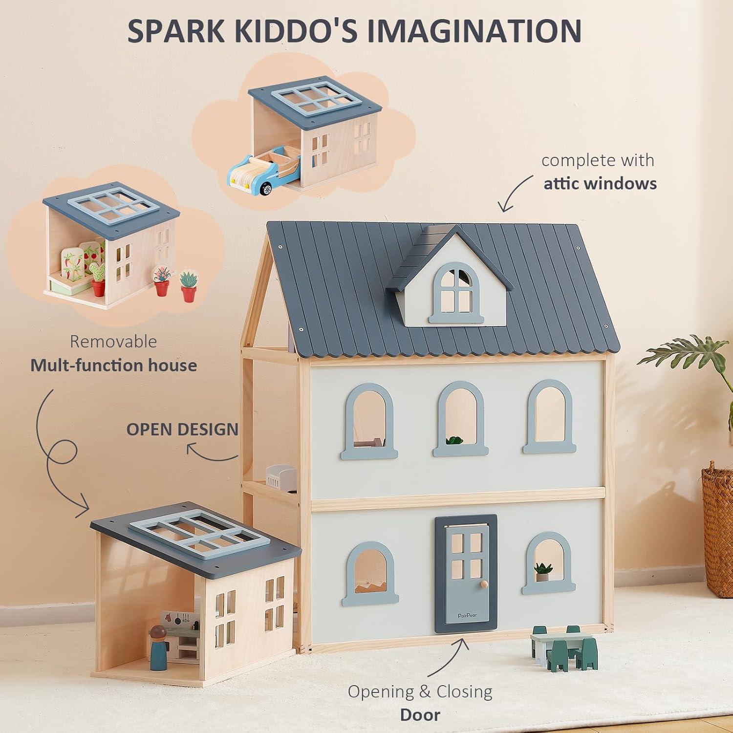 Casa de Muñecas de Madera PairPear 3 Pisos con 64 Accesorios