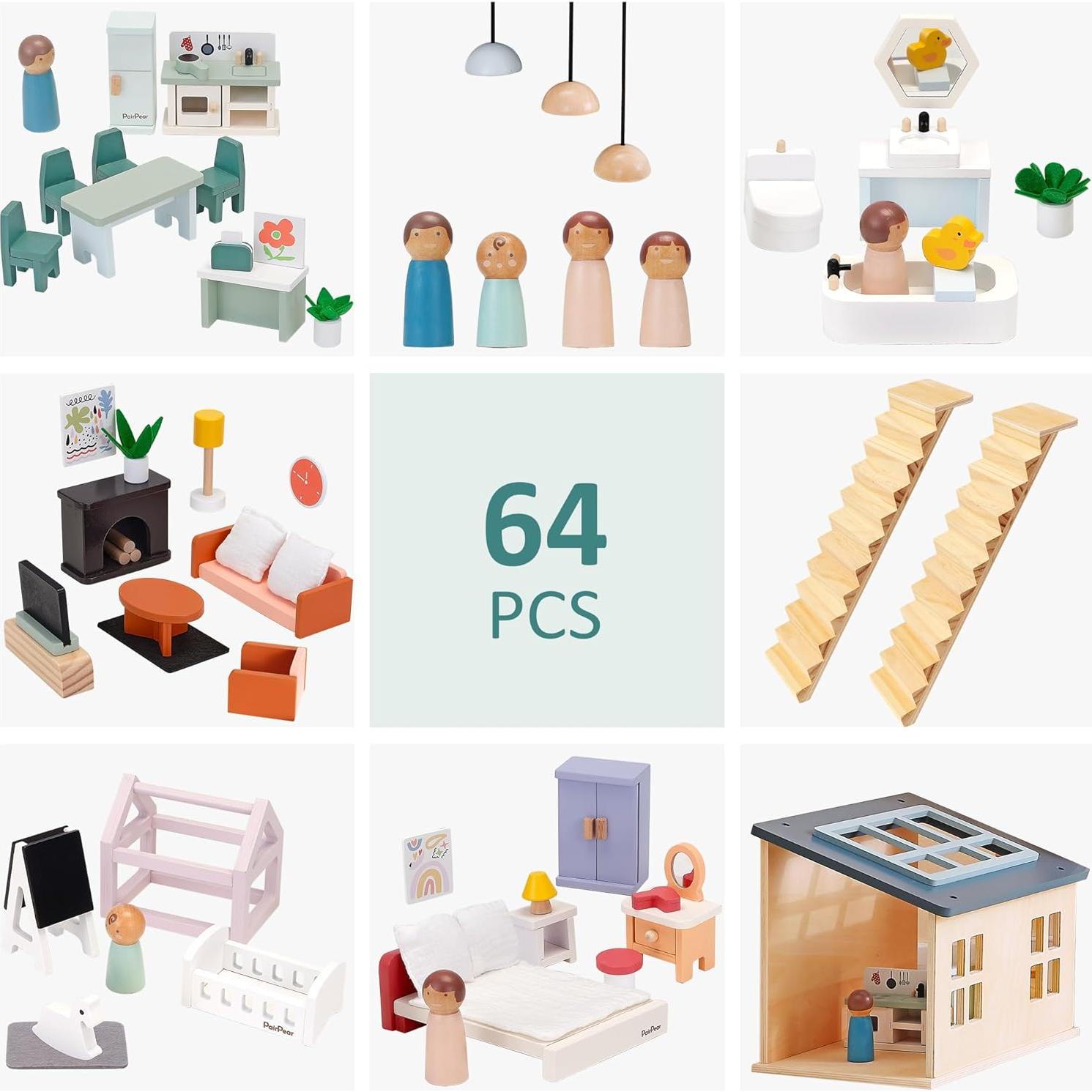 Casa de Muñecas de Madera PairPear 3 Pisos con 64 Accesorios