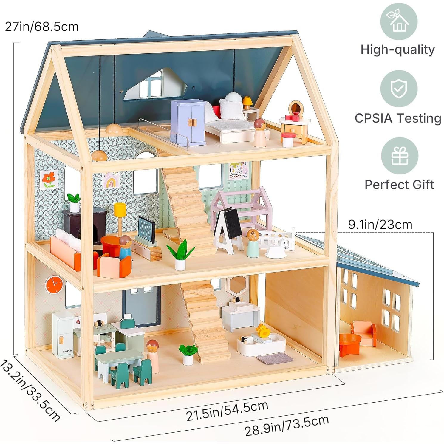 Casa de Muñecas de Madera PairPear 3 Pisos con 64 Accesorios