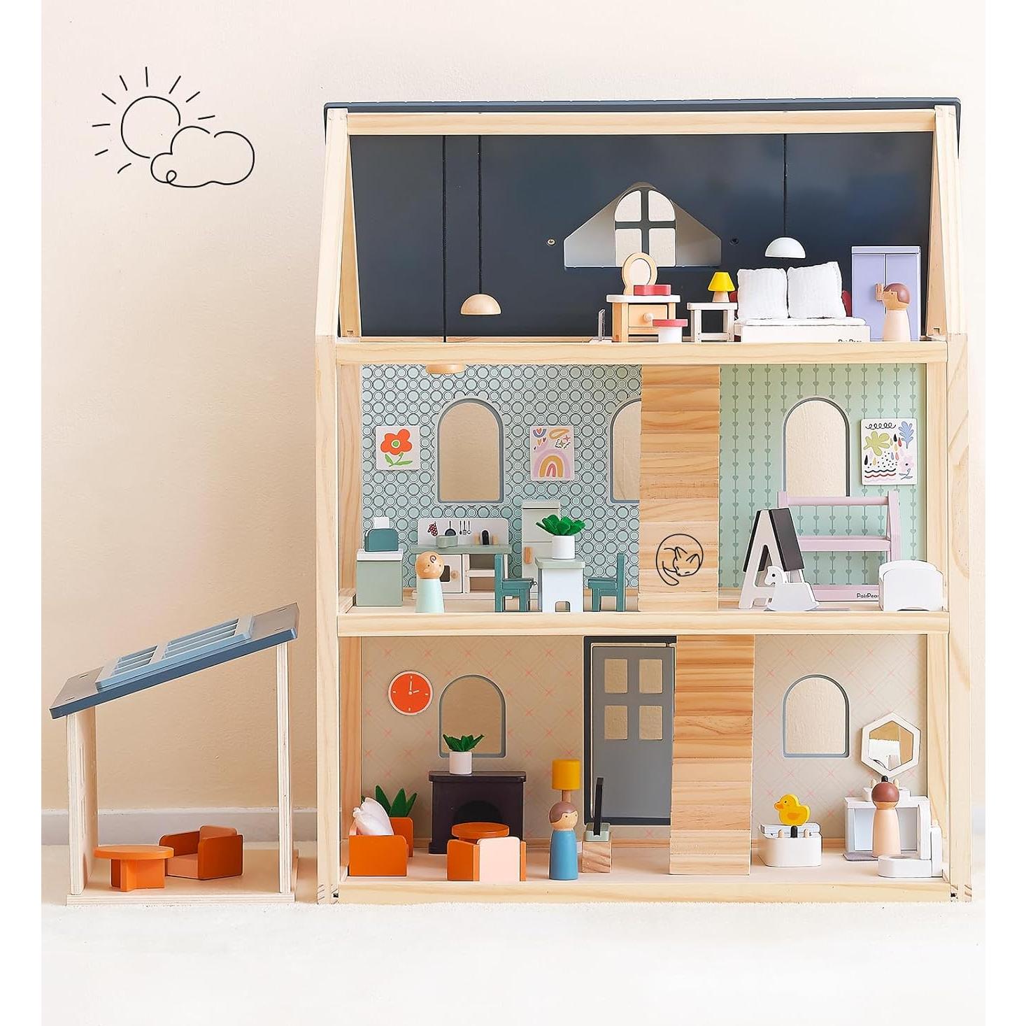Casa de Muñecas de Madera PairPear 3 Pisos con 64 Accesorios