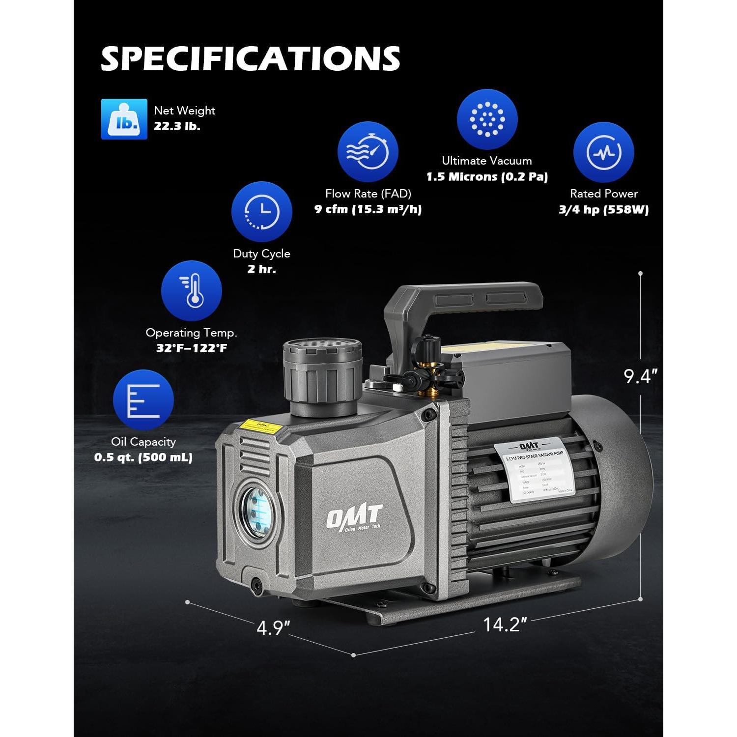 Bomba de Vacío Orion Motor Tech 2 Etapas 9 cfm 3/4 hp