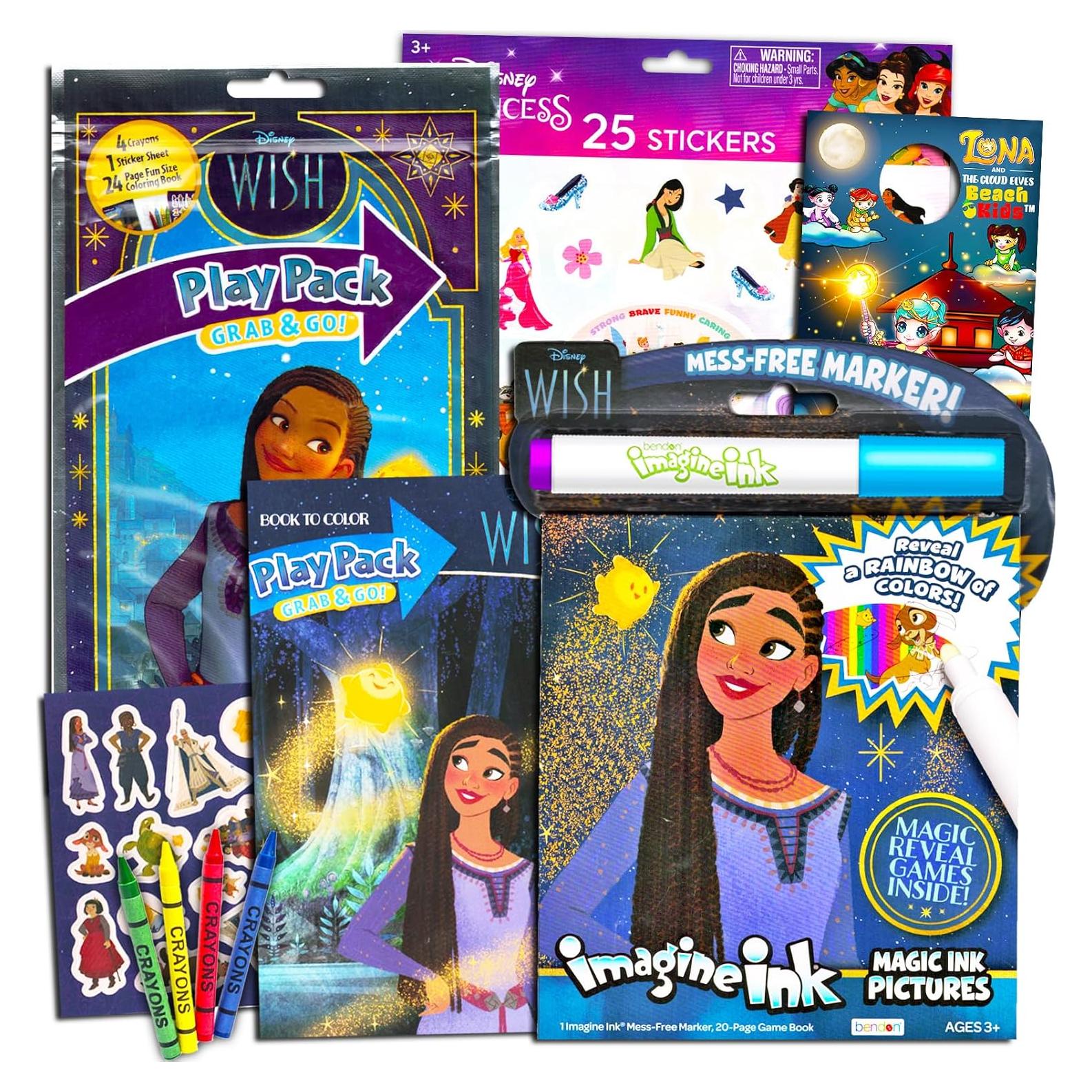 Disney Wish Coloring and Activity Book Set - Bundle with Asha and Star Imagine Ink, Play Pack, Stickers, More | Disney Wish Grab n Go Set for Kids