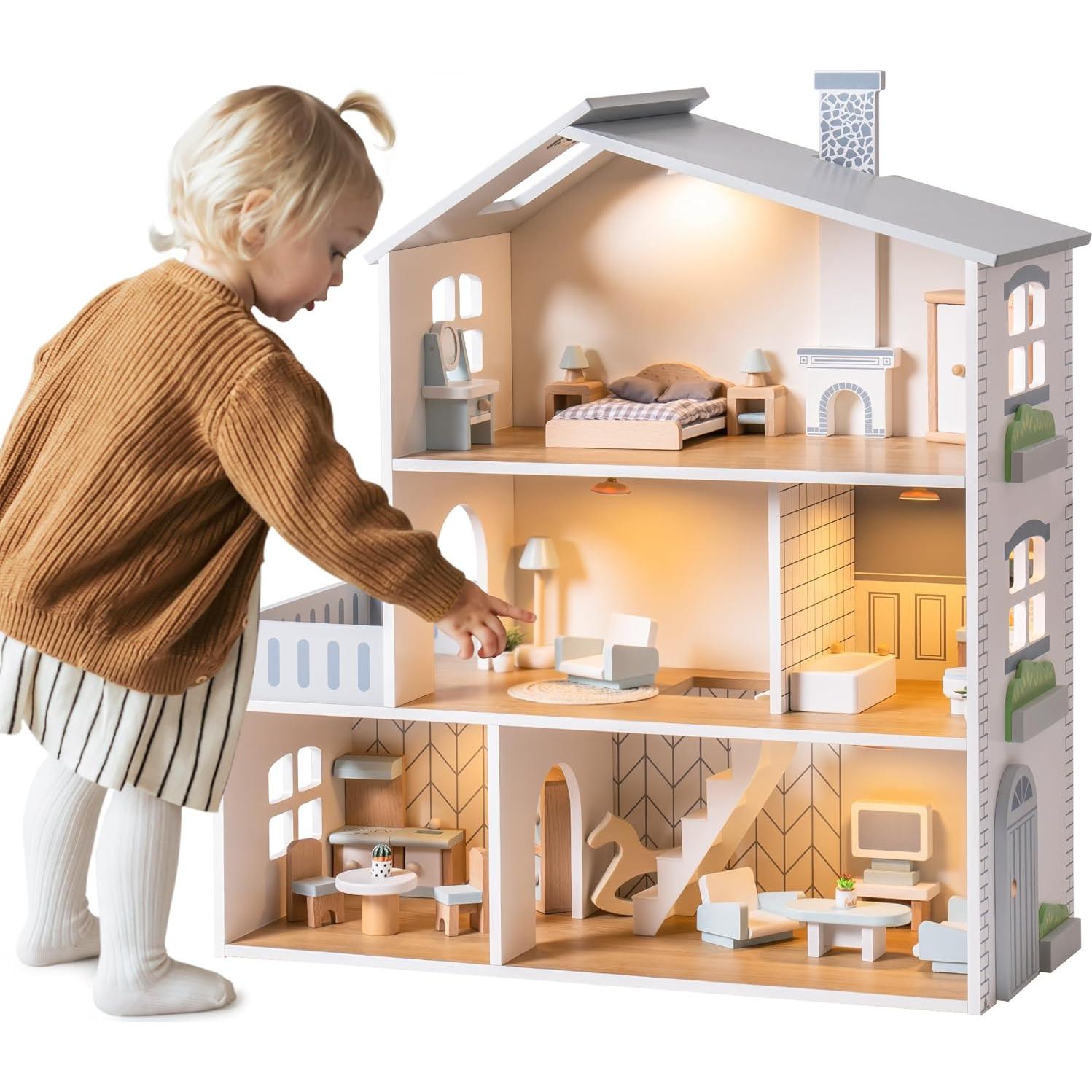 Casa de Muñecas ROBUD de Madera con 6 Habitaciones y Muebles