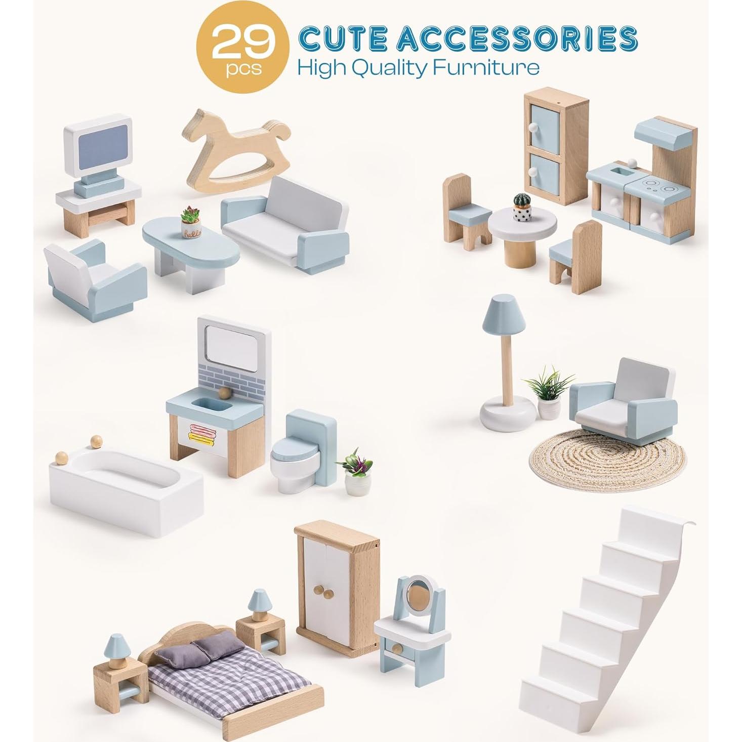 Casa de Muñecas ROBUD de Madera con 6 Habitaciones y Muebles