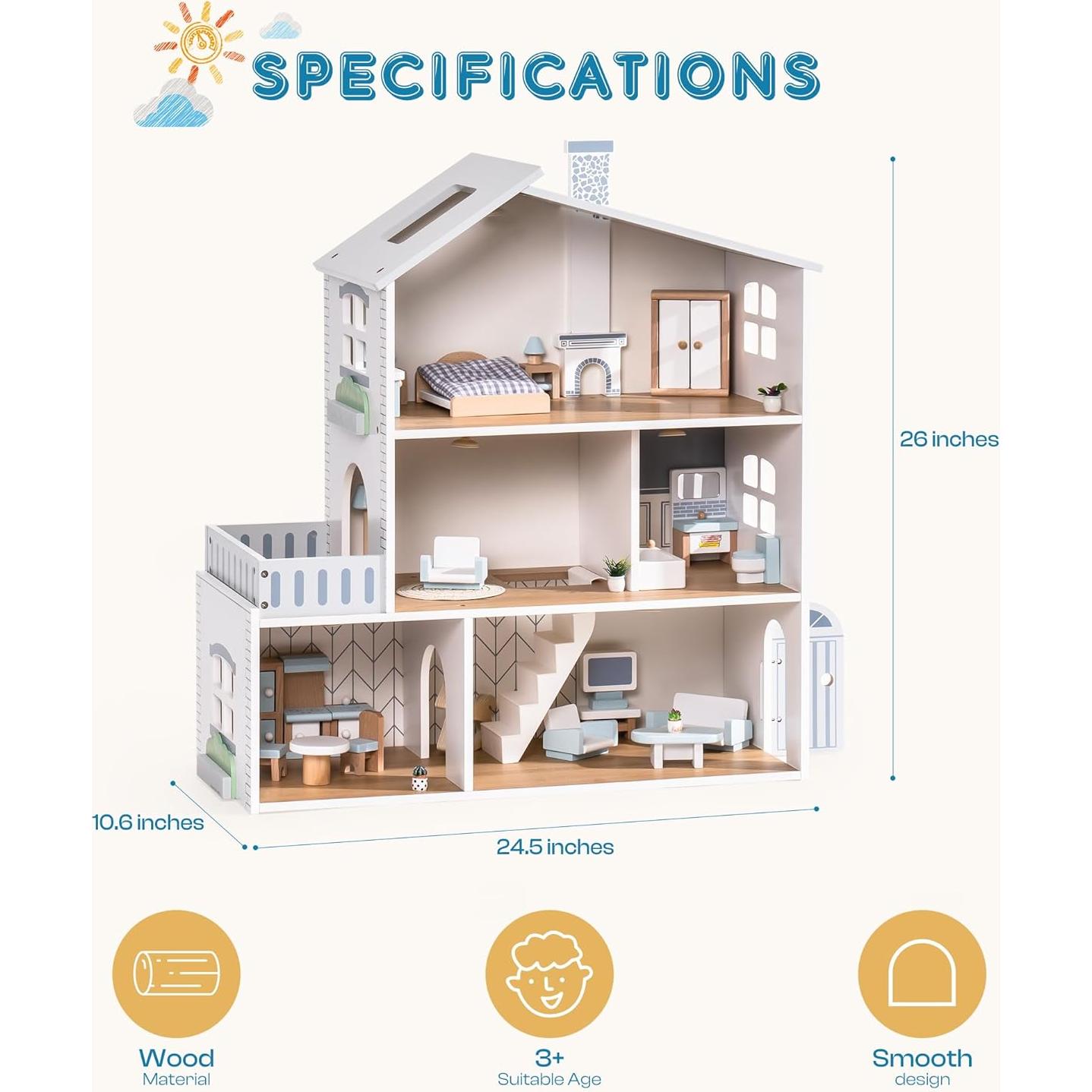 Casa de Muñecas ROBUD de Madera con 6 Habitaciones y Muebles