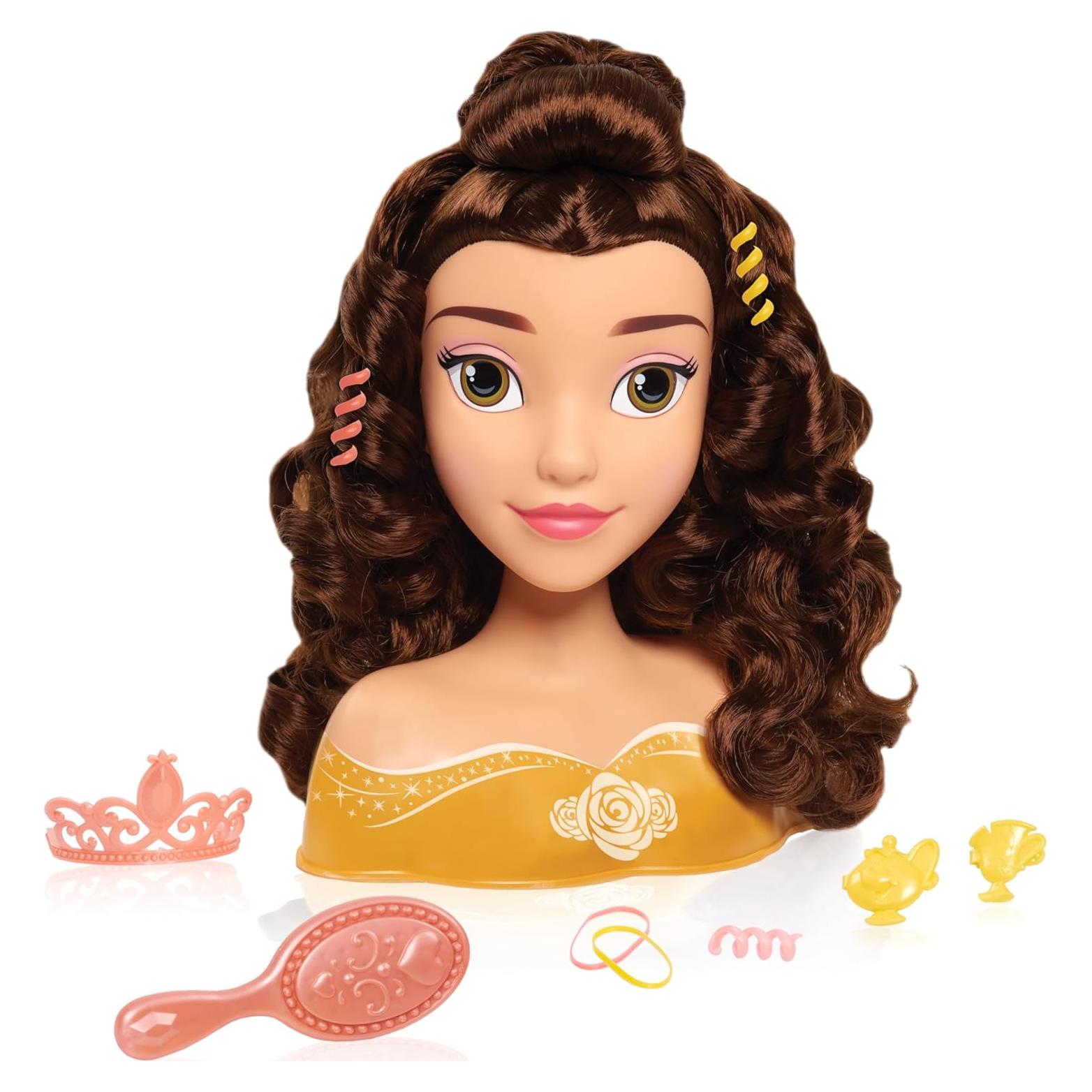Disney Princess Belle Styling Head, Brown Hair, 10 Piece Pretend Play Set, Beauty and the Beast, Officially Licensed Kids Toys for Ages 3 Up by Just Play
