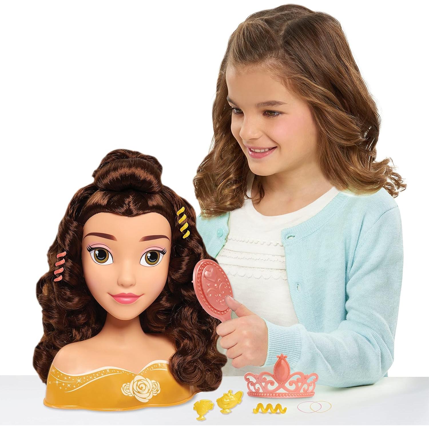 Disney Princess Belle Styling Head, Brown Hair, 10 Piece Pretend Play Set, Beauty and the Beast, Officially Licensed Kids Toys for Ages 3 Up by Just Play