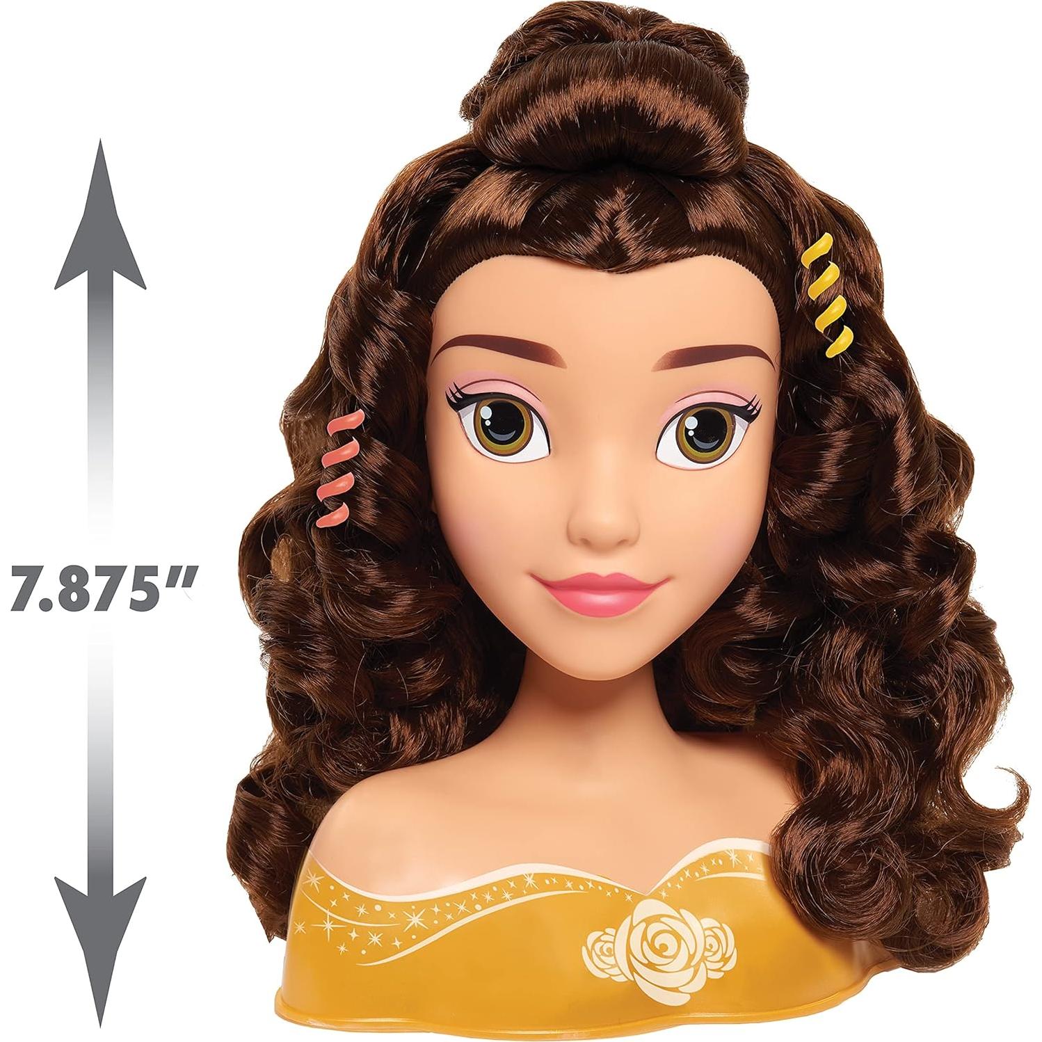 Disney Princess Belle Styling Head, Brown Hair, 10 Piece Pretend Play Set, Beauty and the Beast, Officially Licensed Kids Toys for Ages 3 Up by Just Play