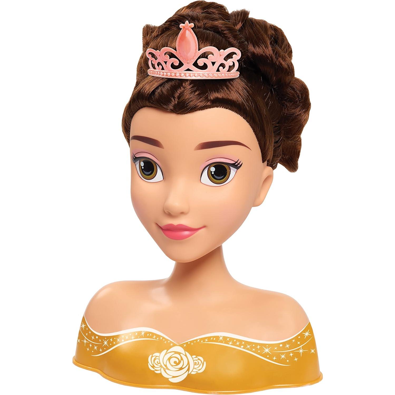 Disney Princess Belle Styling Head, Brown Hair, 10 Piece Pretend Play Set, Beauty and the Beast, Officially Licensed Kids Toys for Ages 3 Up by Just Play