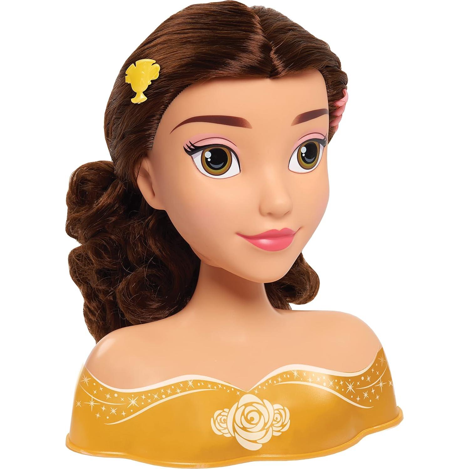 Disney Princess Belle Styling Head, Brown Hair, 10 Piece Pretend Play Set, Beauty and the Beast, Officially Licensed Kids Toys for Ages 3 Up by Just Play