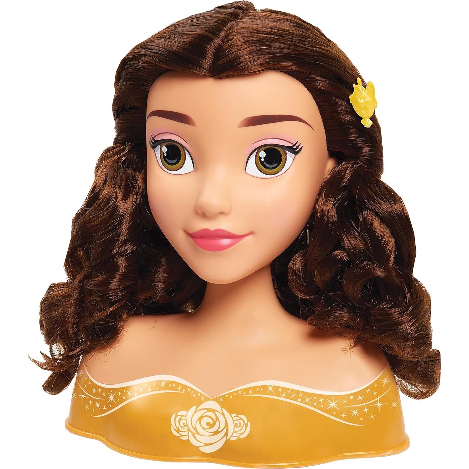 Disney Princess Belle Styling Head, Brown Hair, 10 Piece Pretend Play Set, Beauty and the Beast, Officially Licensed Kids Toys for Ages 3 Up by Just Play