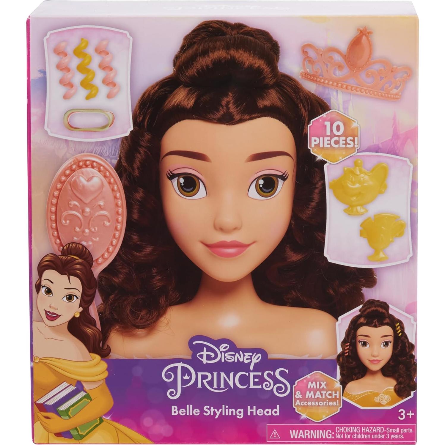 Disney Princess Belle Styling Head, Brown Hair, 10 Piece Pretend Play Set, Beauty and the Beast, Officially Licensed Kids Toys for Ages 3 Up by Just Play