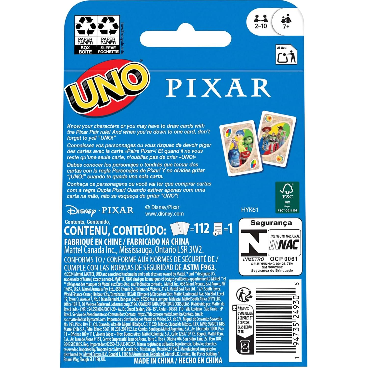 Juego de Cartas UNO Pixar Mattel 112 Cartas para 2-10 Jugadores