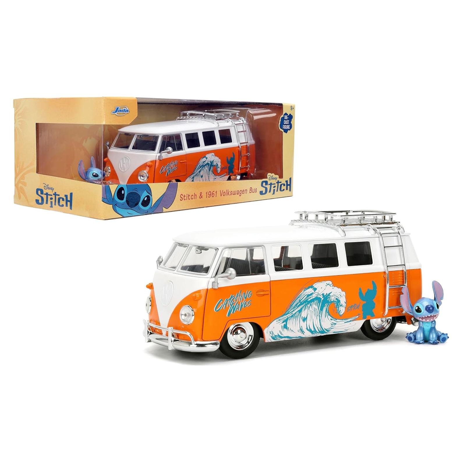 Hollywood Rides Disney Stitch Volkswagen Bus – 1:24 Scale Die-Cast Model with Opening Doors & Die-Cast Stitch Figure – Toy for Collectors & Kids Ages 8+ – Orange & White