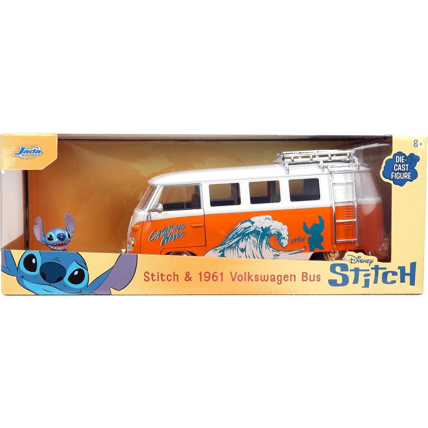 Hollywood Rides Disney Stitch Volkswagen Bus – 1:24 Scale Die-Cast Model with Opening Doors & Die-Cast Stitch Figure – Toy for Collectors & Kids Ages 8+ – Orange & White