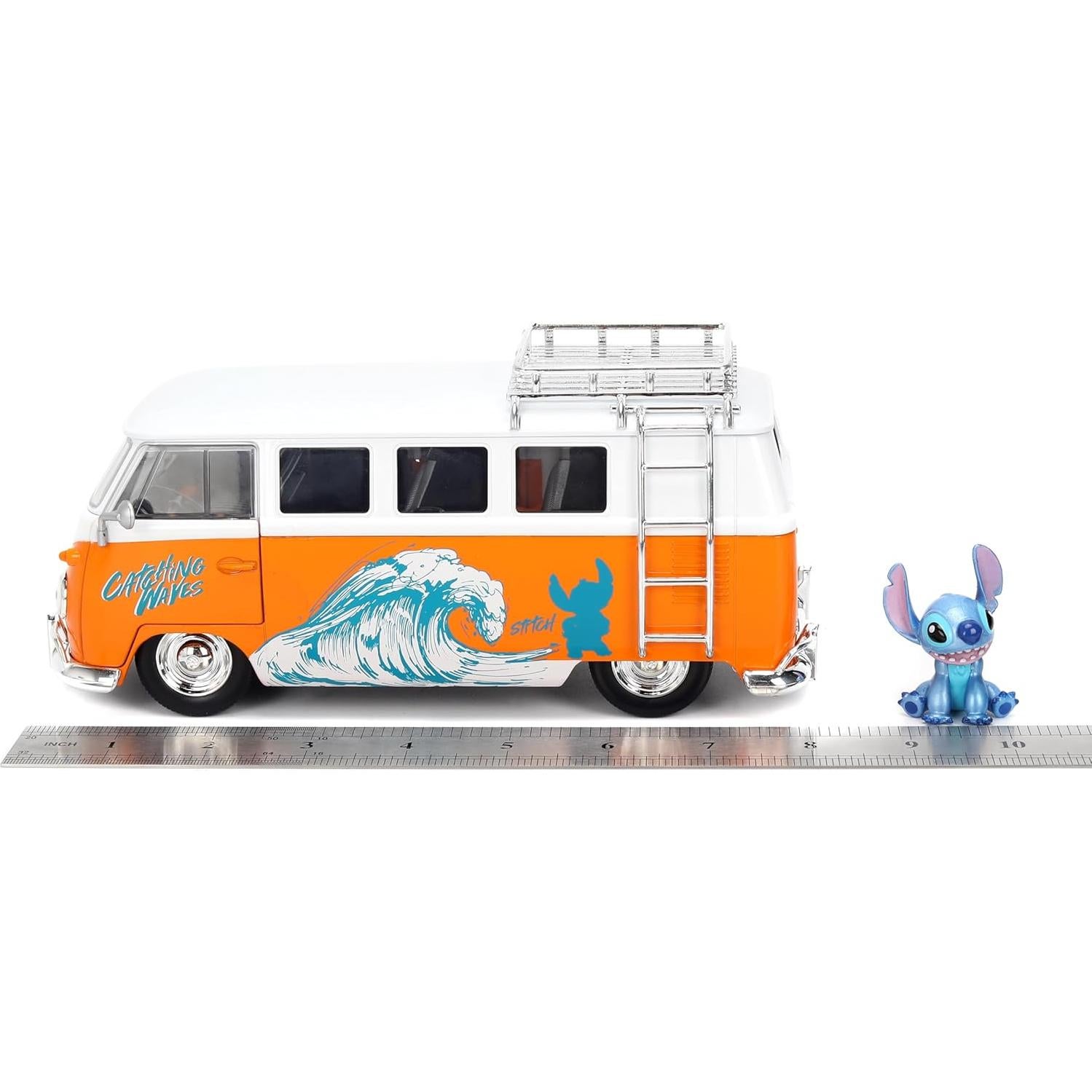 Hollywood Rides Disney Stitch Volkswagen Bus – 1:24 Scale Die-Cast Model with Opening Doors & Die-Cast Stitch Figure – Toy for Collectors & Kids Ages 8+ – Orange & White