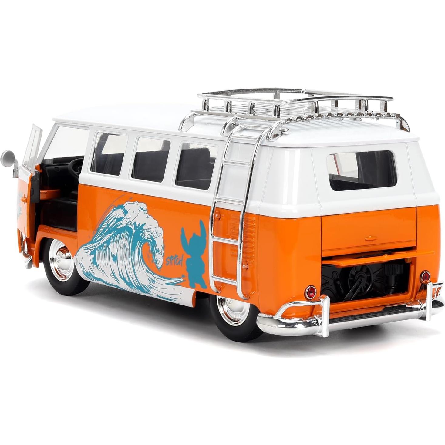 Hollywood Rides Disney Stitch Volkswagen Bus – 1:24 Scale Die-Cast Model with Opening Doors & Die-Cast Stitch Figure – Toy for Collectors & Kids Ages 8+ – Orange & White