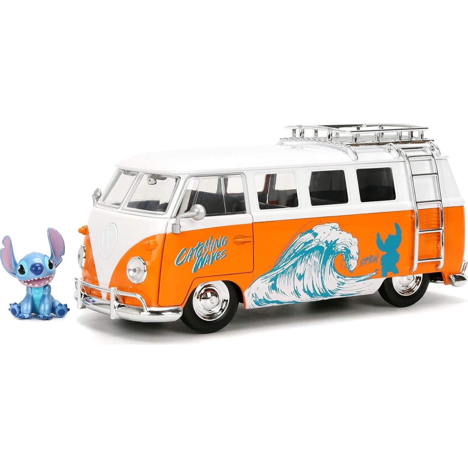 Hollywood Rides Disney Stitch Volkswagen Bus – 1:24 Scale Die-Cast Model with Opening Doors & Die-Cast Stitch Figure – Toy for Collectors & Kids Ages 8+ – Orange & White
