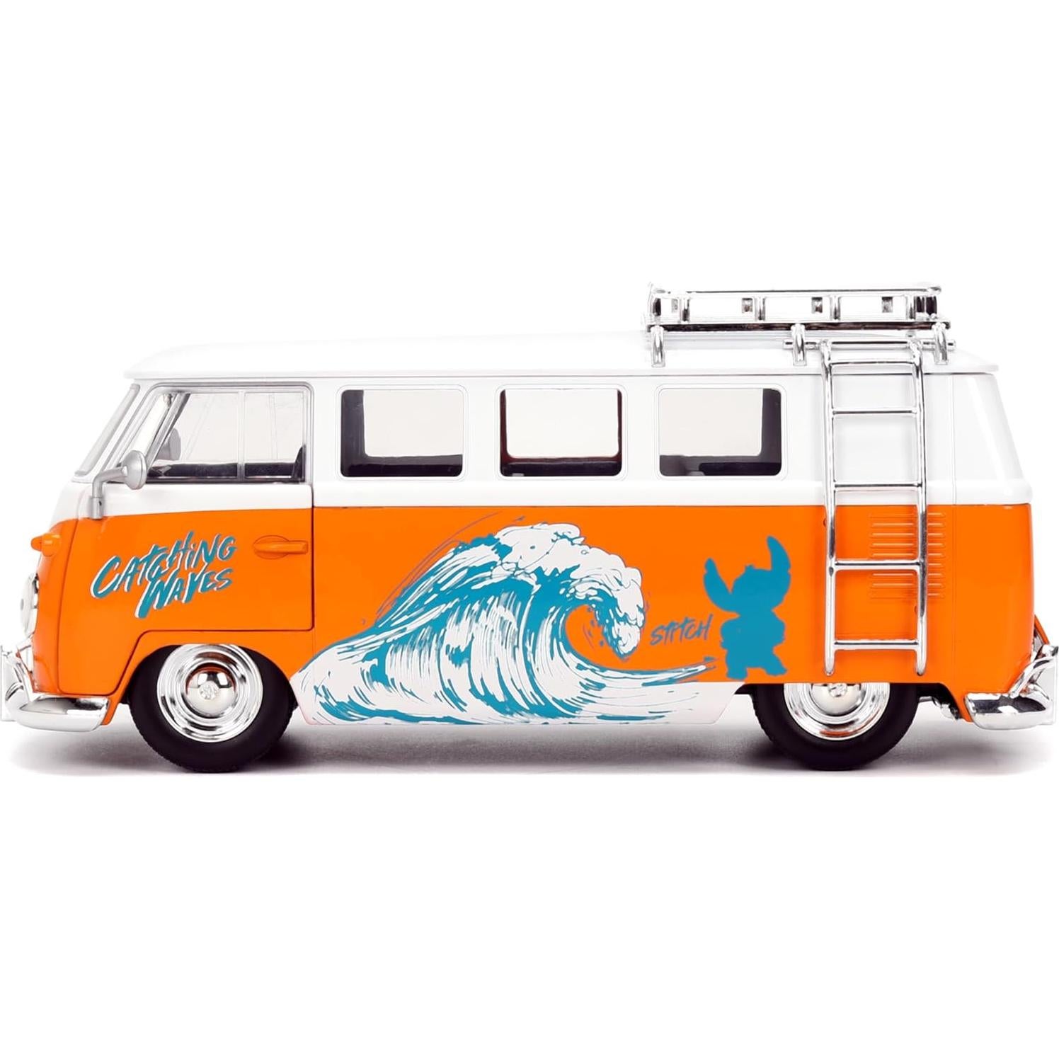 Hollywood Rides Disney Stitch Volkswagen Bus – 1:24 Scale Die-Cast Model with Opening Doors & Die-Cast Stitch Figure – Toy for Collectors & Kids Ages 8+ – Orange & White