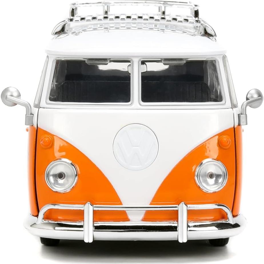 Hollywood Rides Disney Stitch Volkswagen Bus – 1:24 Scale Die-Cast Model with Opening Doors & Die-Cast Stitch Figure – Toy for Collectors & Kids Ages 8+ – Orange & White