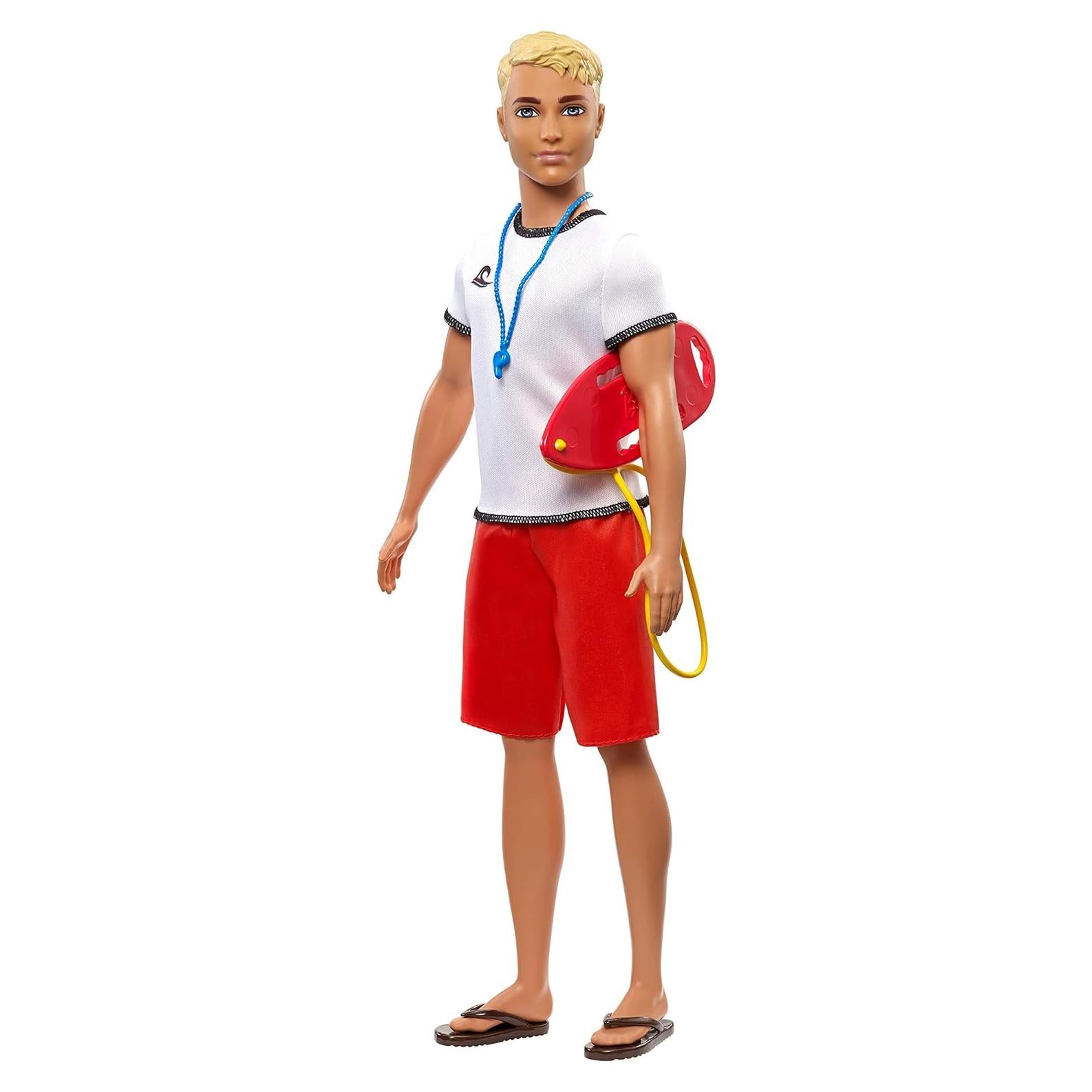 Ken Lifeguard Doll with Life Buoy, Whistle and Blonde Hair Wearing T-Shirt, Red Swim Trunks and Flip-Flops, Gift for 3 to 7 Year Old
