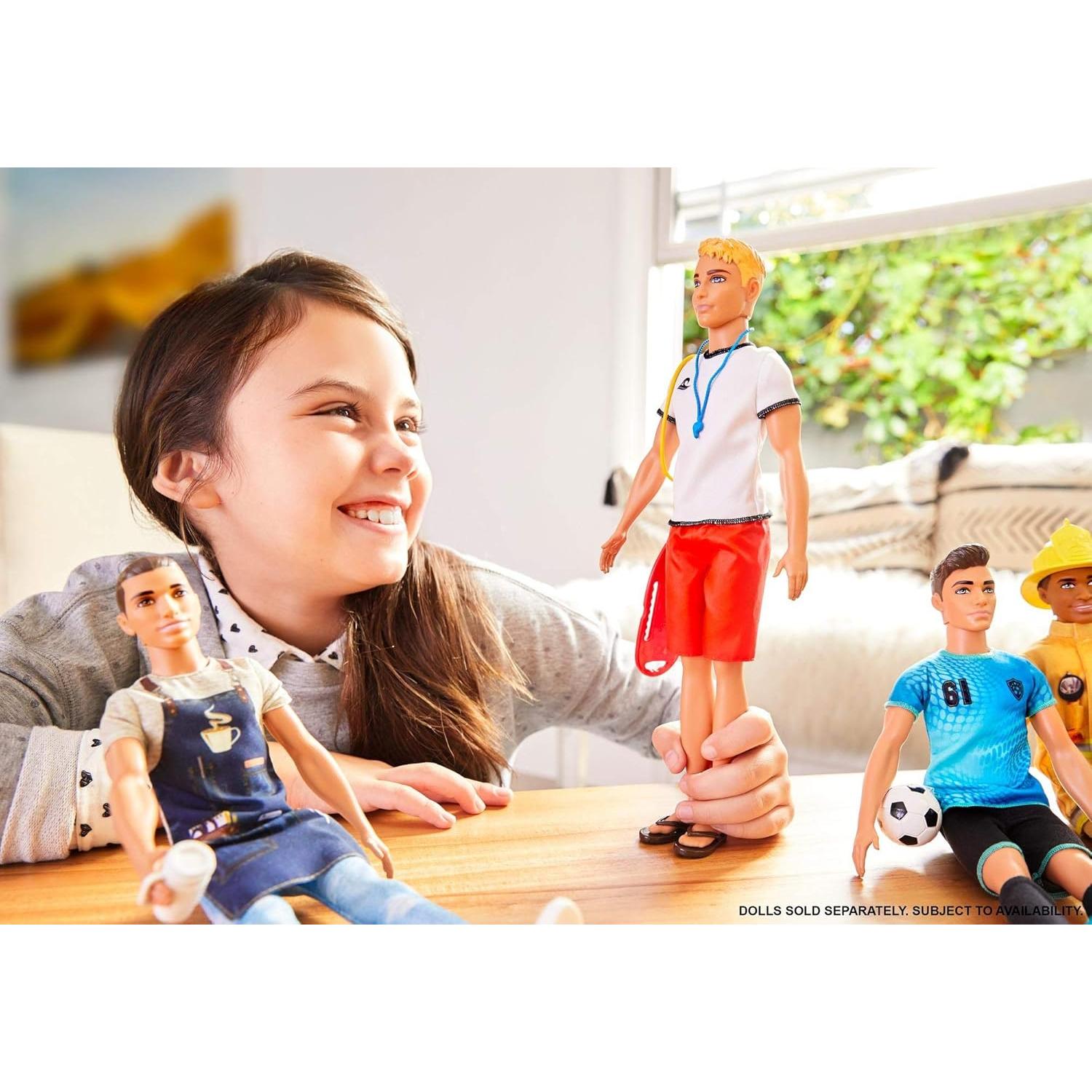 Ken Lifeguard Doll with Life Buoy, Whistle and Blonde Hair Wearing T-Shirt, Red Swim Trunks and Flip-Flops, Gift for 3 to 7 Year Old