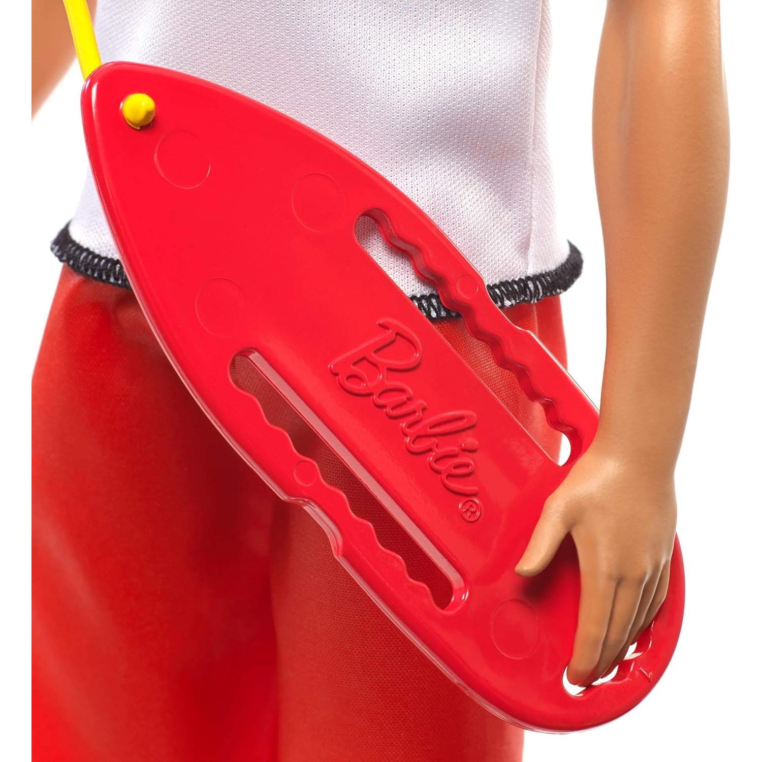 Ken Lifeguard Doll with Life Buoy, Whistle and Blonde Hair Wearing T-Shirt, Red Swim Trunks and Flip-Flops, Gift for 3 to 7 Year Old