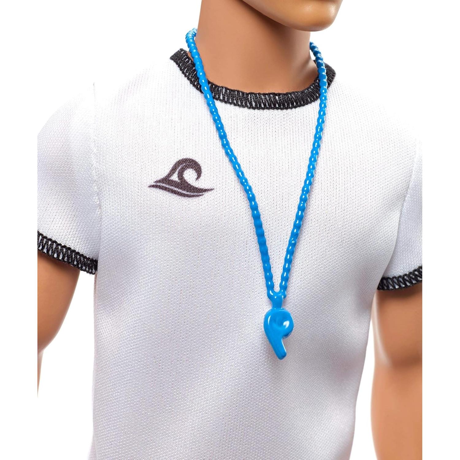 Ken Lifeguard Doll with Life Buoy, Whistle and Blonde Hair Wearing T-Shirt, Red Swim Trunks and Flip-Flops, Gift for 3 to 7 Year Old