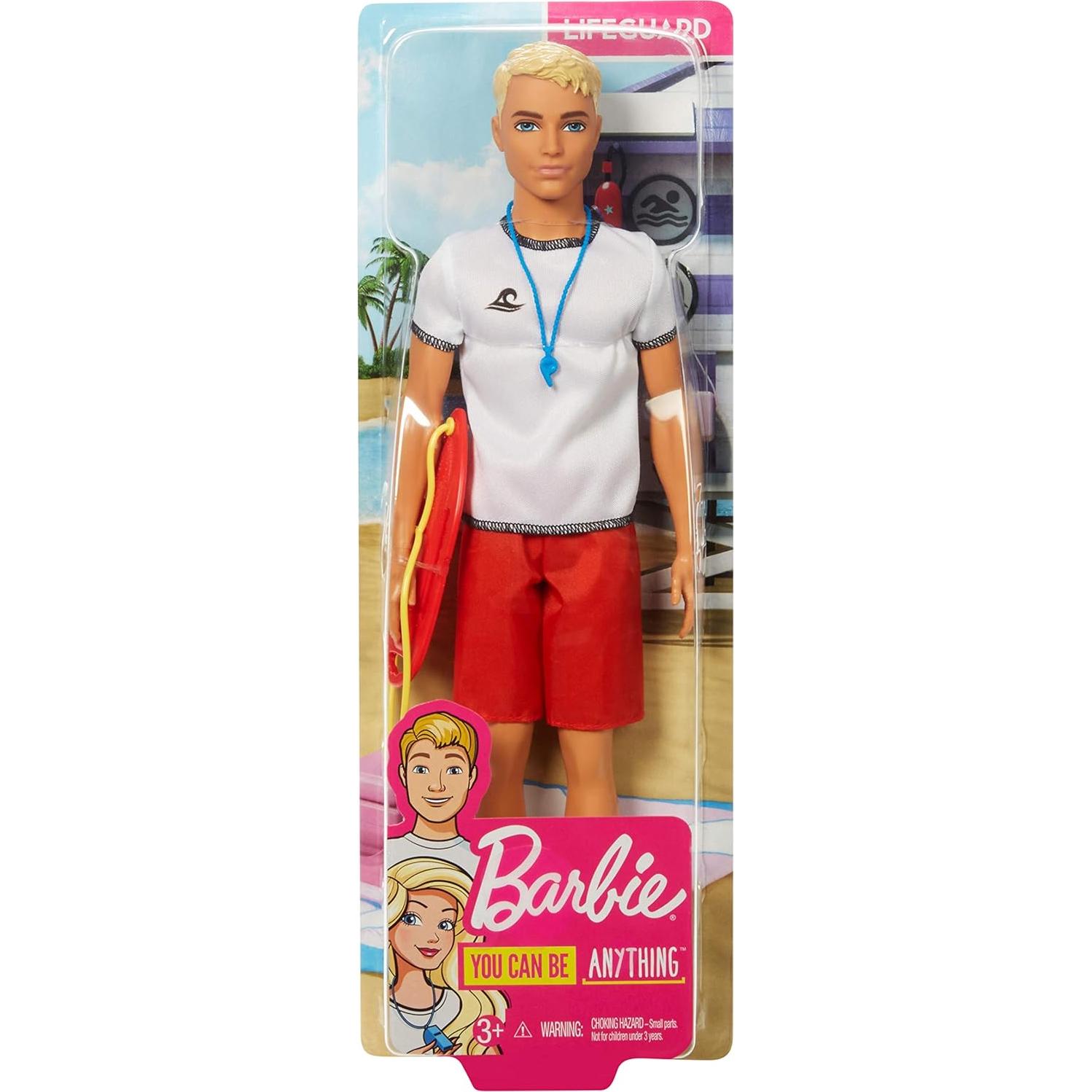 Ken Lifeguard Doll with Life Buoy, Whistle and Blonde Hair Wearing T-Shirt, Red Swim Trunks and Flip-Flops, Gift for 3 to 7 Year Old