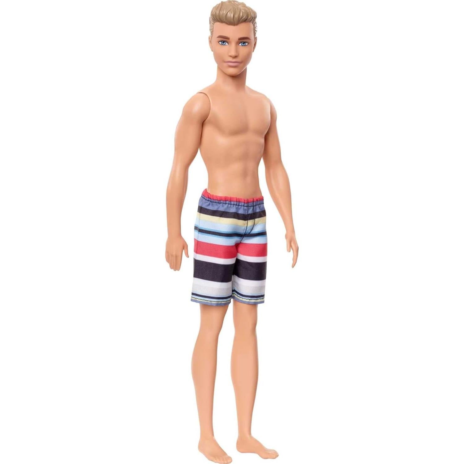 Barbie Ken Fashion Doll, Beach-Themed Wearing Striped Swimsuit