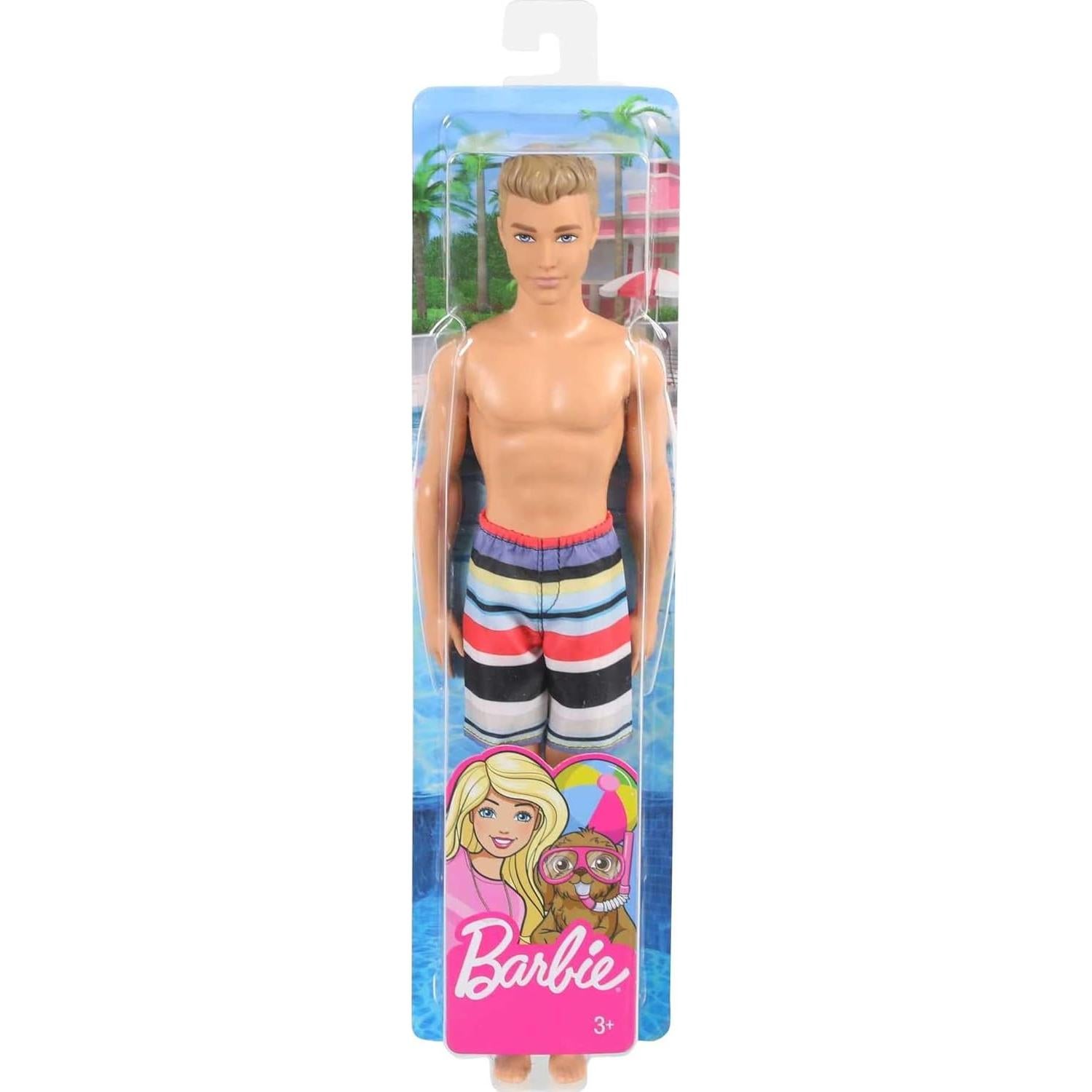 Barbie Ken Fashion Doll, Beach-Themed Wearing Striped Swimsuit