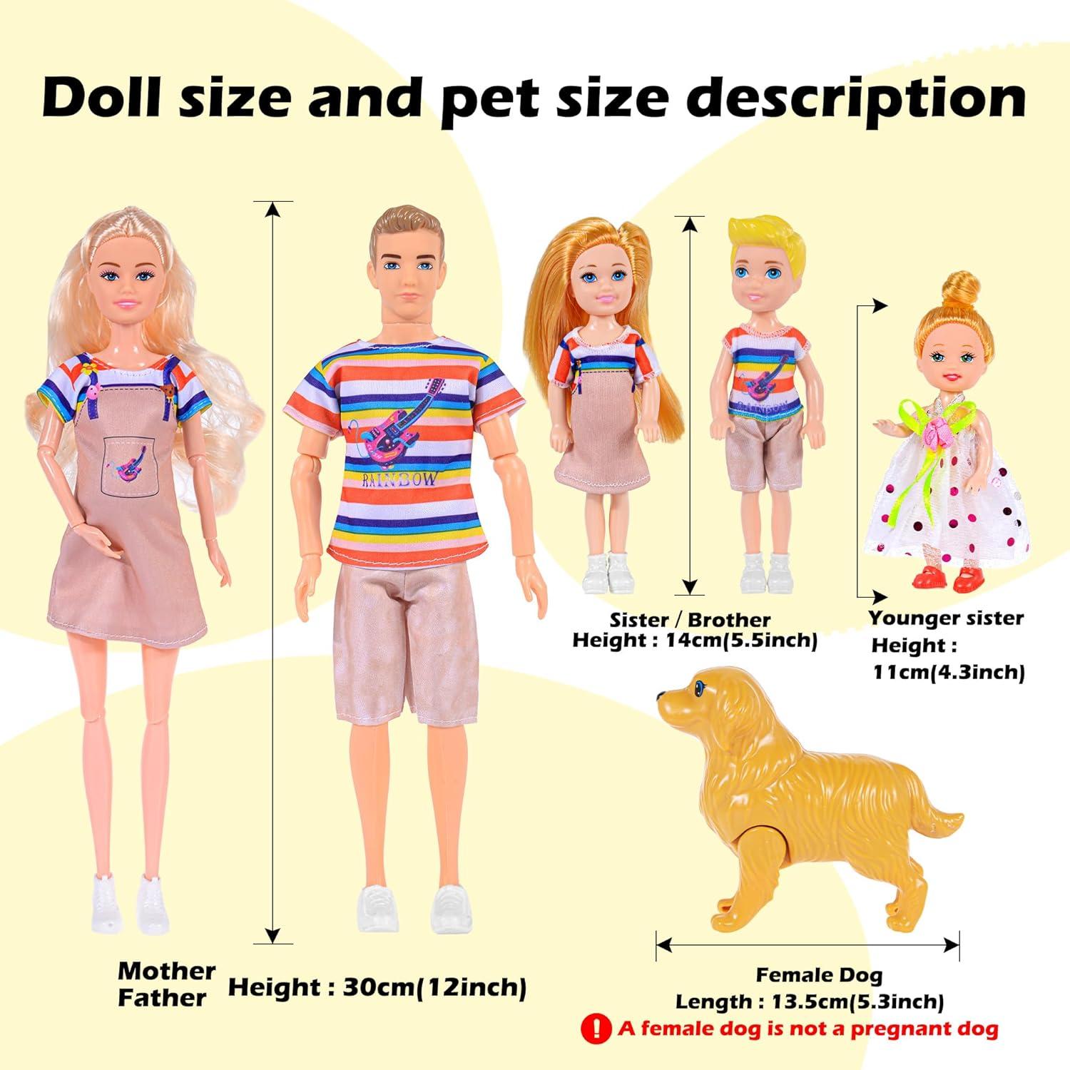 Juego de Muñecas Familiar Ibayda - 6 Personajes y Mascotas