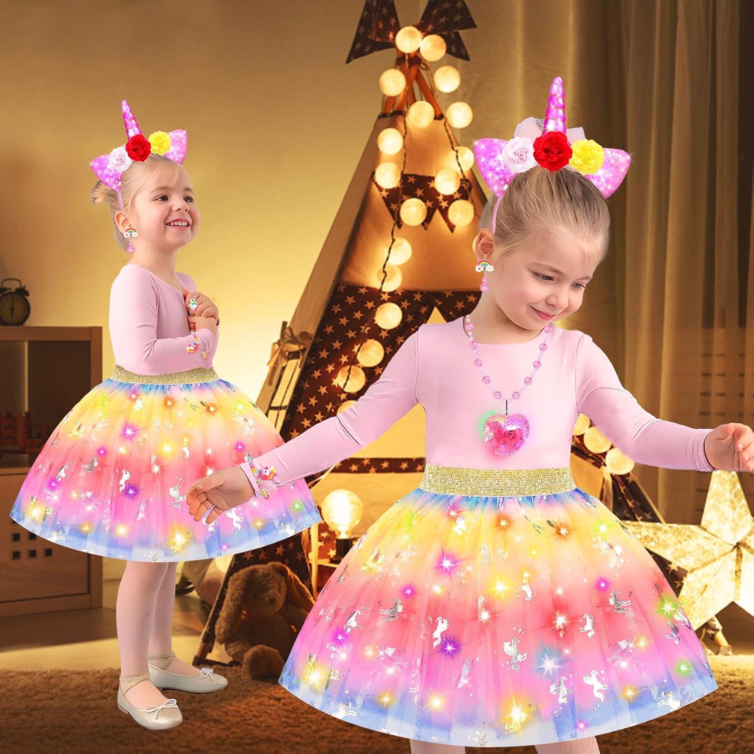 Vestido de Princesa Unicornio LED YAOOBEY para Niñas 4-6 Años