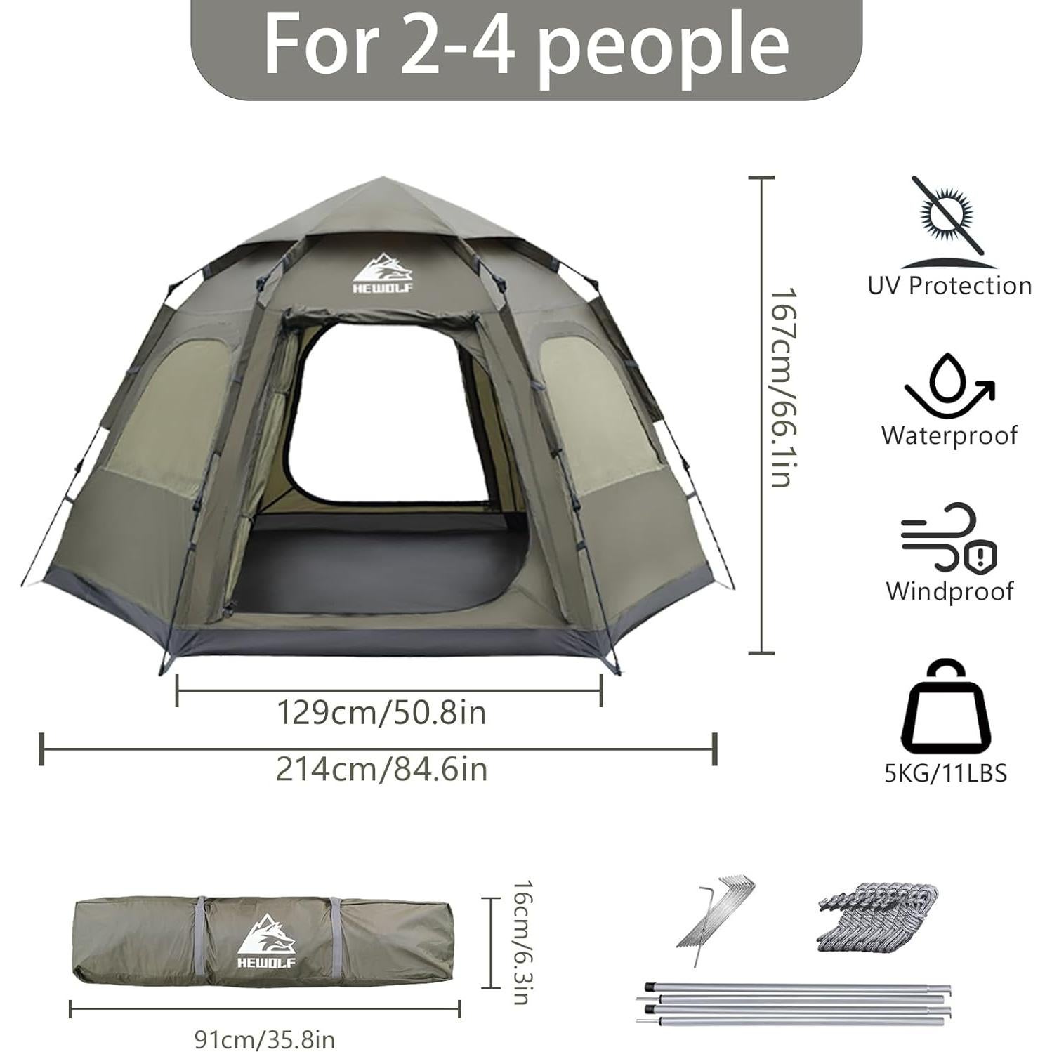 Carpa Hewolf para 4 Personas - Impermeable y Rápida Instalación