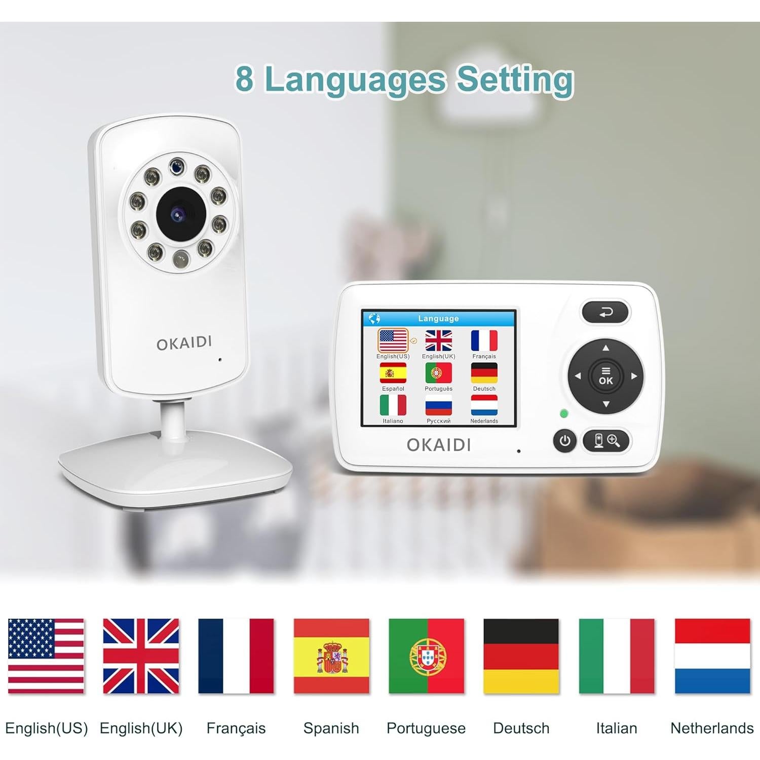 Monitor de bebé OKAIDI con cámara y audio, visión nocturna