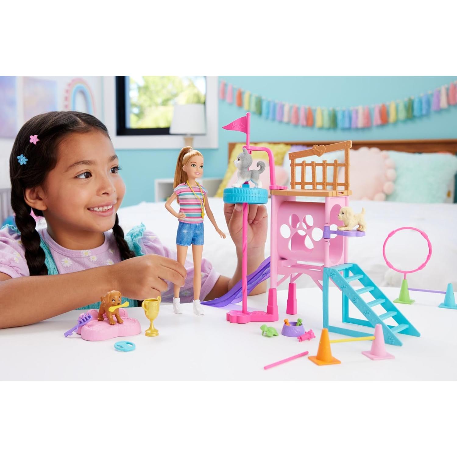 Barbie and Stacie to The Rescue Doll & Playset, Puppy Obstacle Course with Doll, 3 Dog Figures & 18 Accessories
