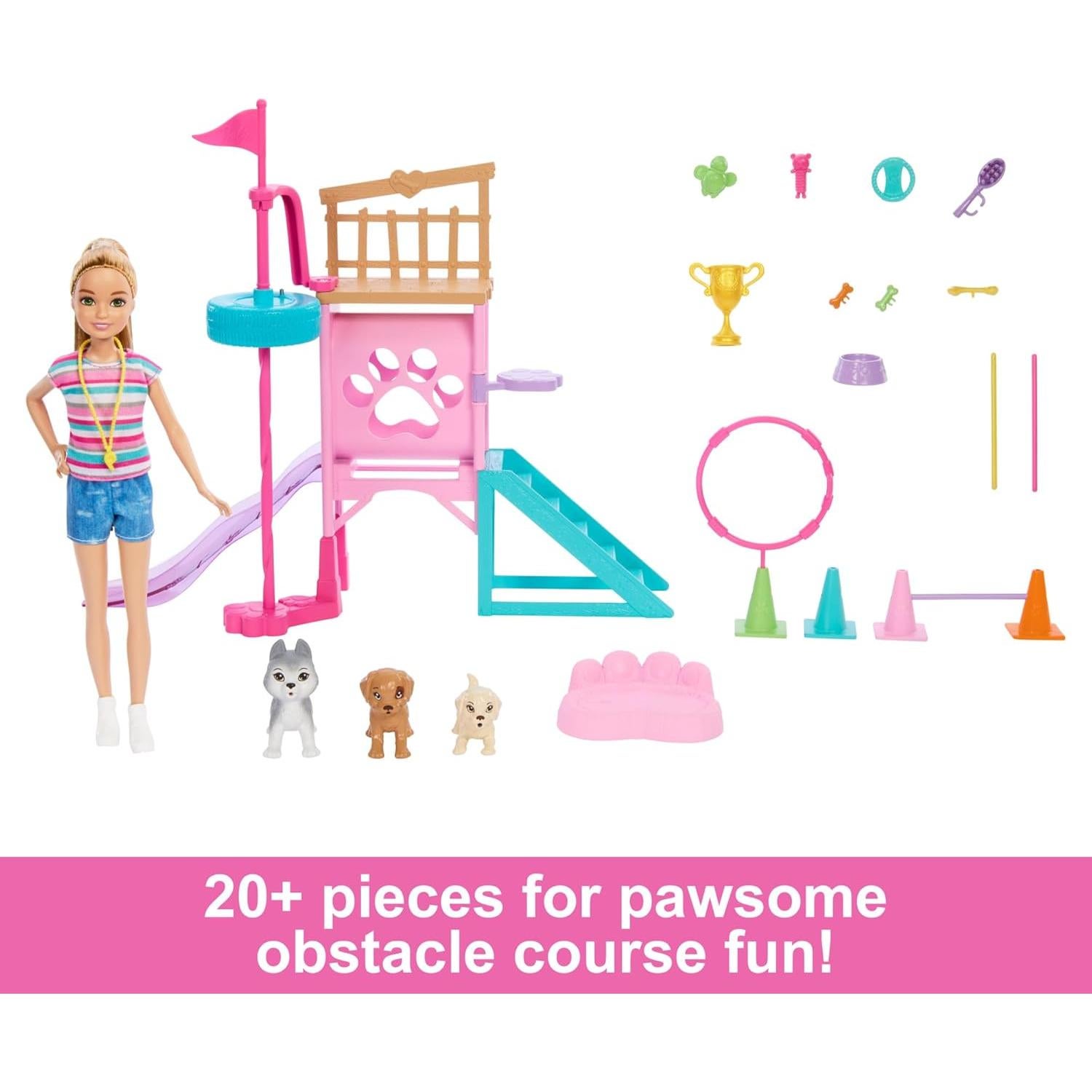 Barbie and Stacie to The Rescue Doll & Playset, Puppy Obstacle Course with Doll, 3 Dog Figures & 18 Accessories