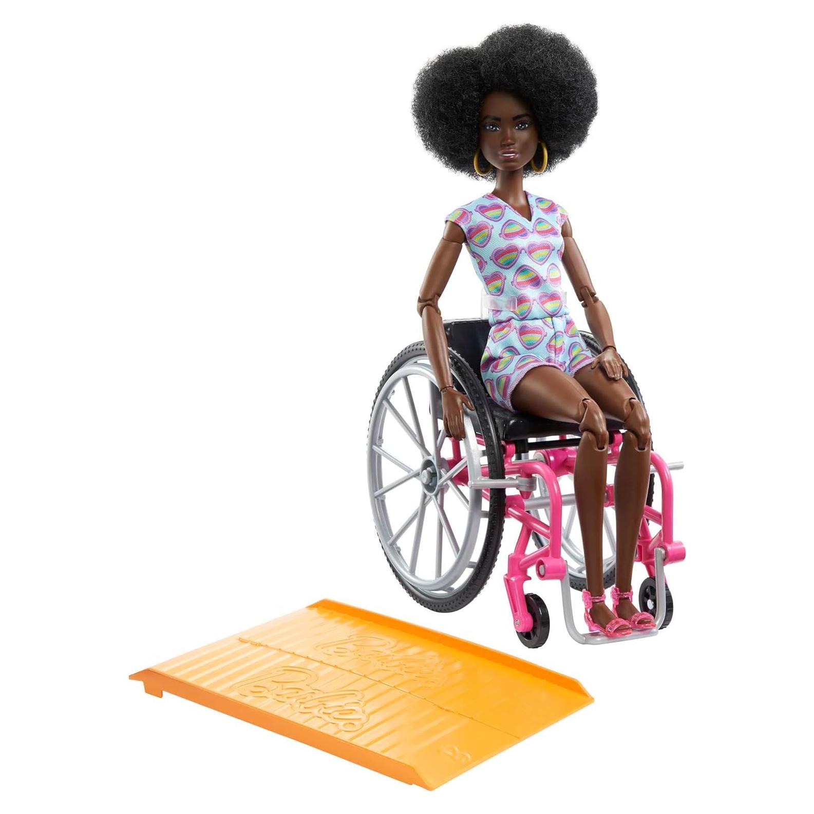 Doll with Wheelchair and Ramp, Kids Toys, Barbie Fashionistas, Curly Black Hair, Rainbow Heart Romper, Clothes and Accessories