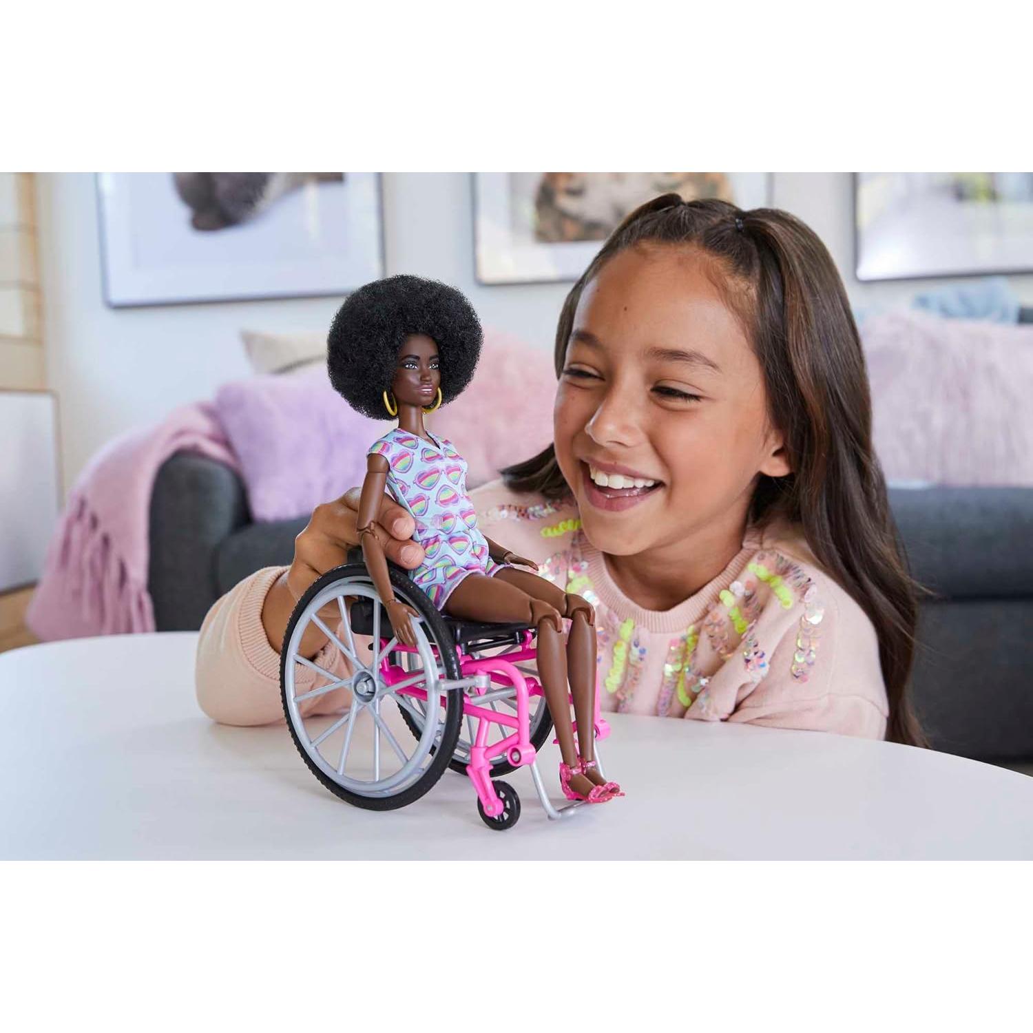 Doll with Wheelchair and Ramp, Kids Toys, Barbie Fashionistas, Curly Black Hair, Rainbow Heart Romper, Clothes and Accessories