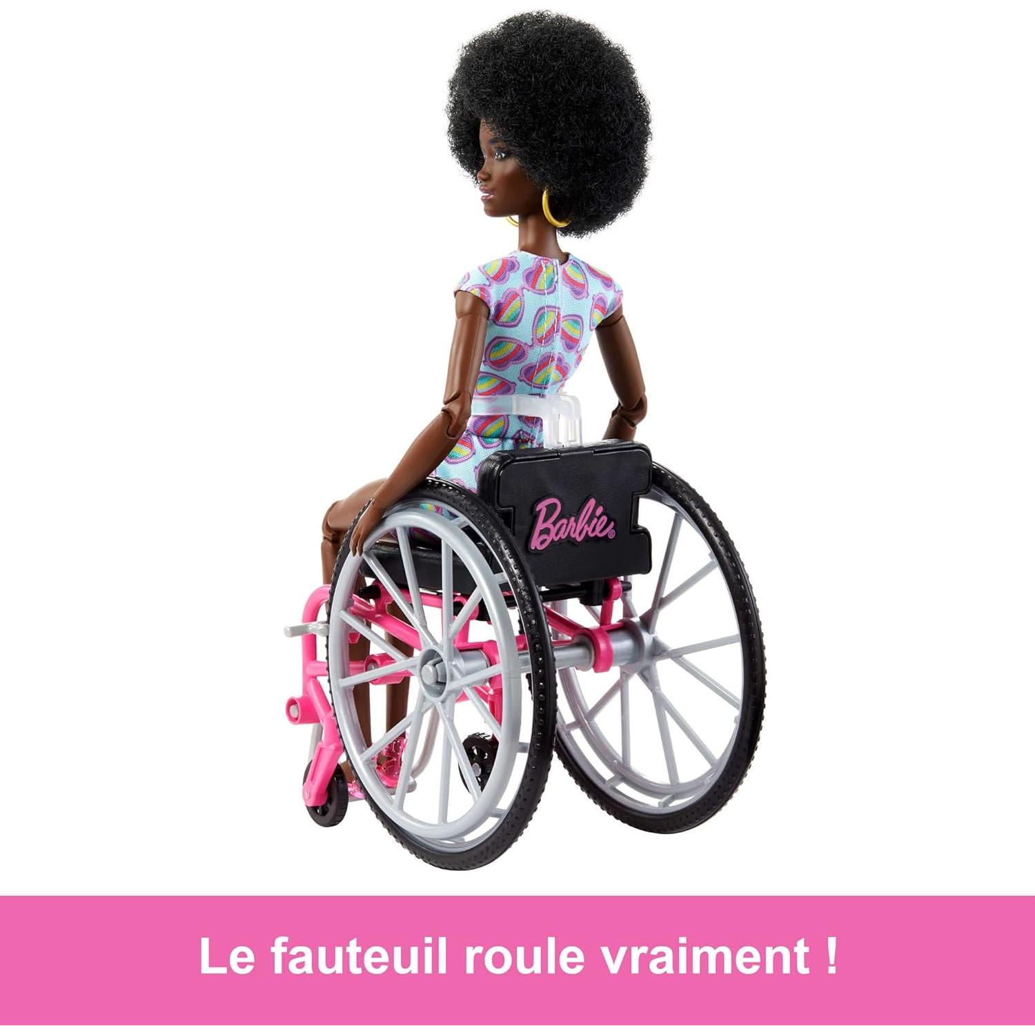 Doll with Wheelchair and Ramp, Kids Toys, Barbie Fashionistas, Curly Black Hair, Rainbow Heart Romper, Clothes and Accessories