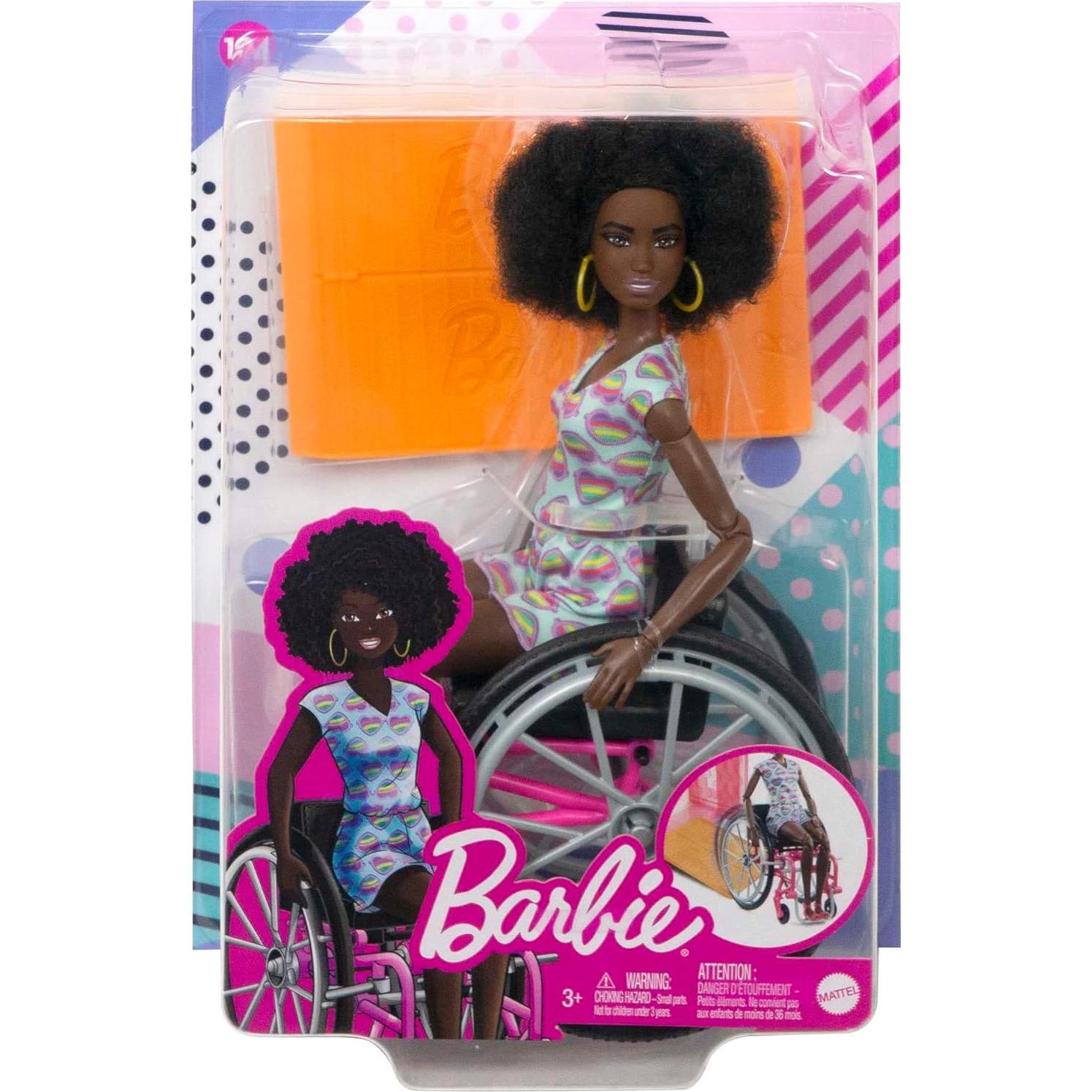 Doll with Wheelchair and Ramp, Kids Toys, Barbie Fashionistas, Curly Black Hair, Rainbow Heart Romper, Clothes and Accessories