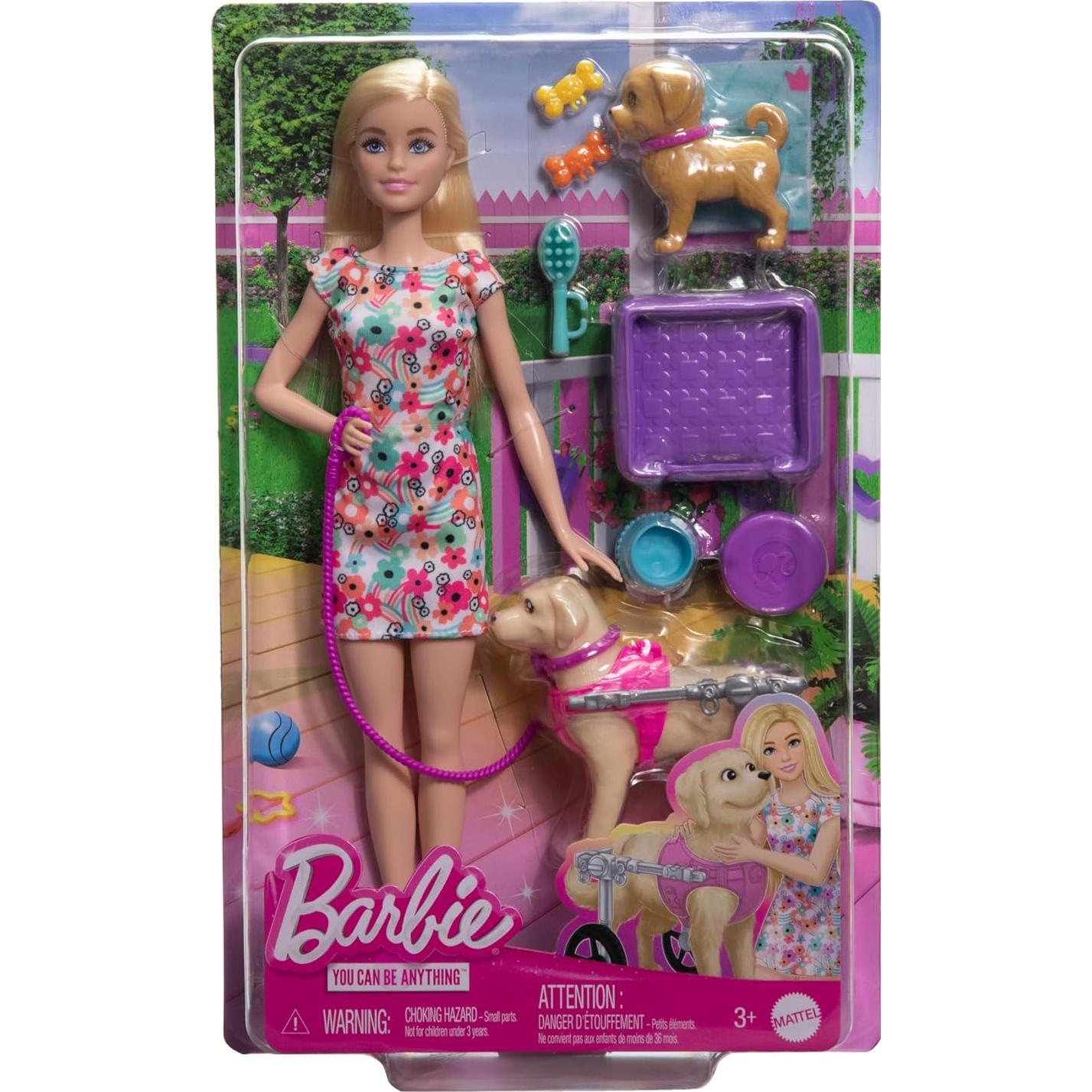 Muñeca Barbie con cachorro y perro en silla de ruedas